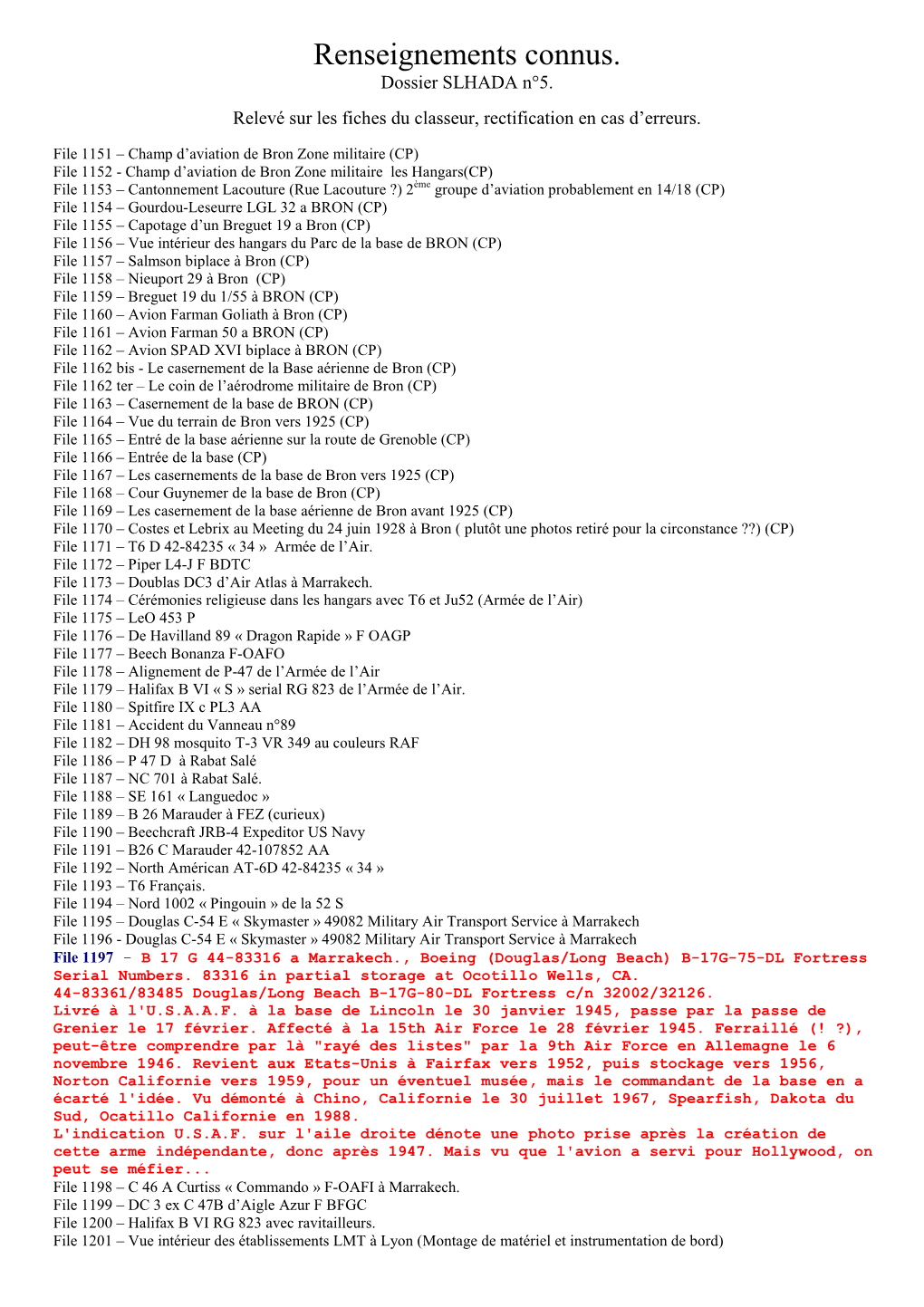 Renseignements Connus. Dossier SLHADA N°5