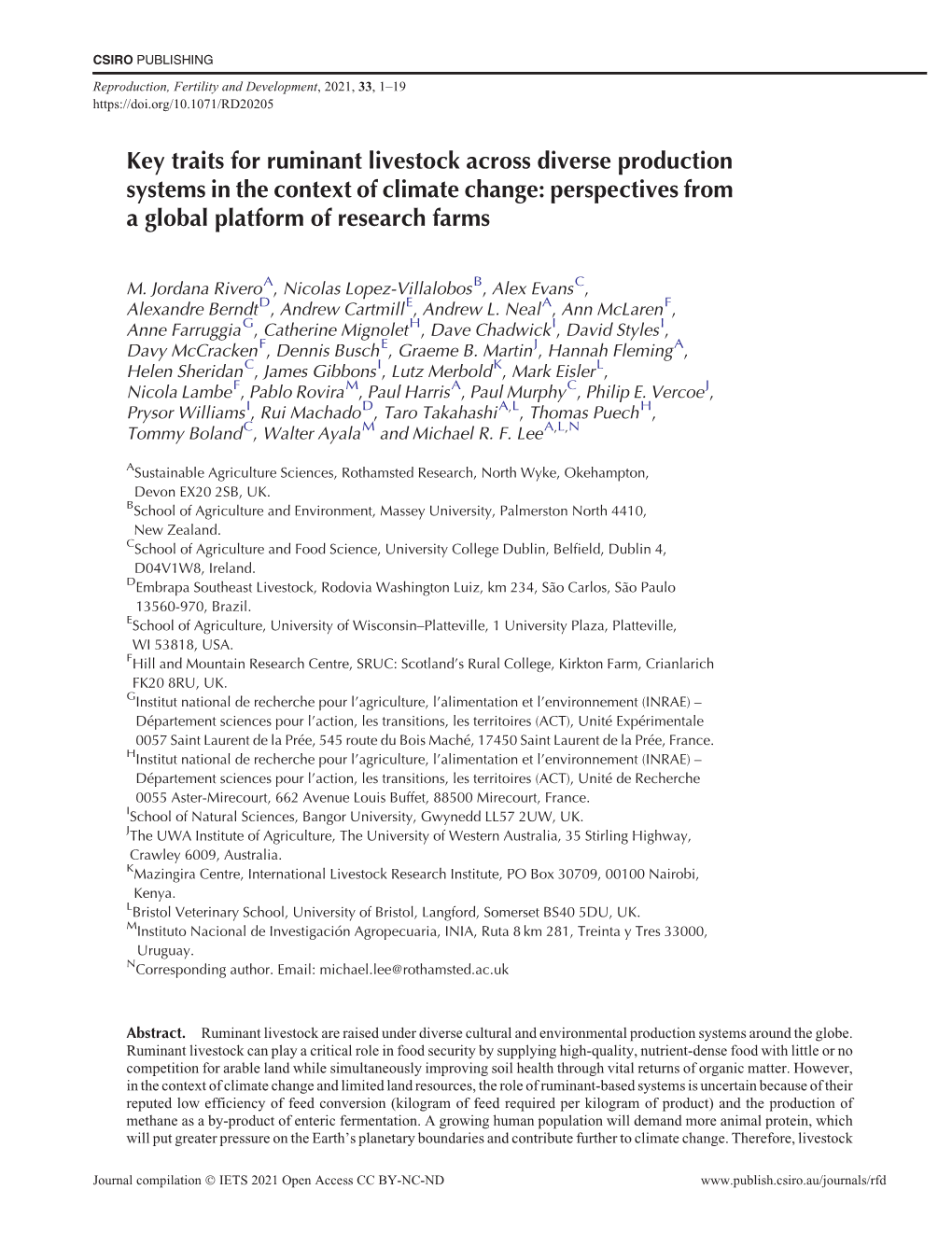 Key Traits for Ruminant Livestock Across Diverse Production Systems in the Context of Climate Change: Perspectives from a Global Platform of Research Farms