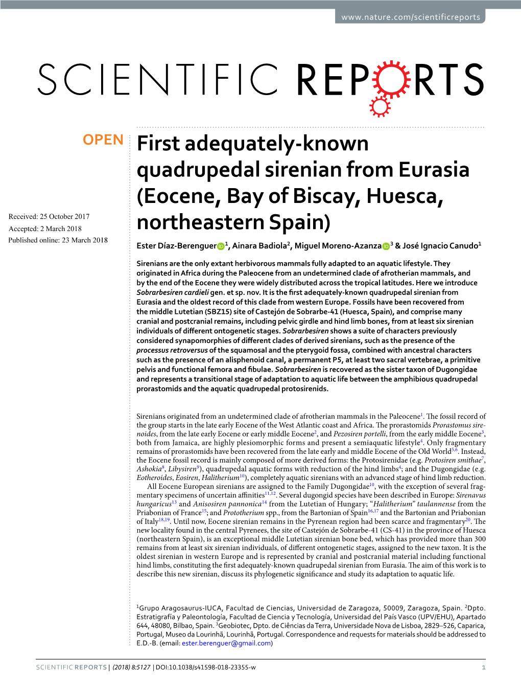 First Adequately-Known Quadrupedal Sirenian from Eurasia (Eocene, Bay of Biscay, Huesca, Northeastern Spain)