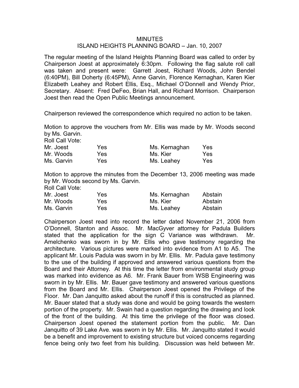ISLAND HEIGHTS PLANNING BOARD Jan. 10, 2007