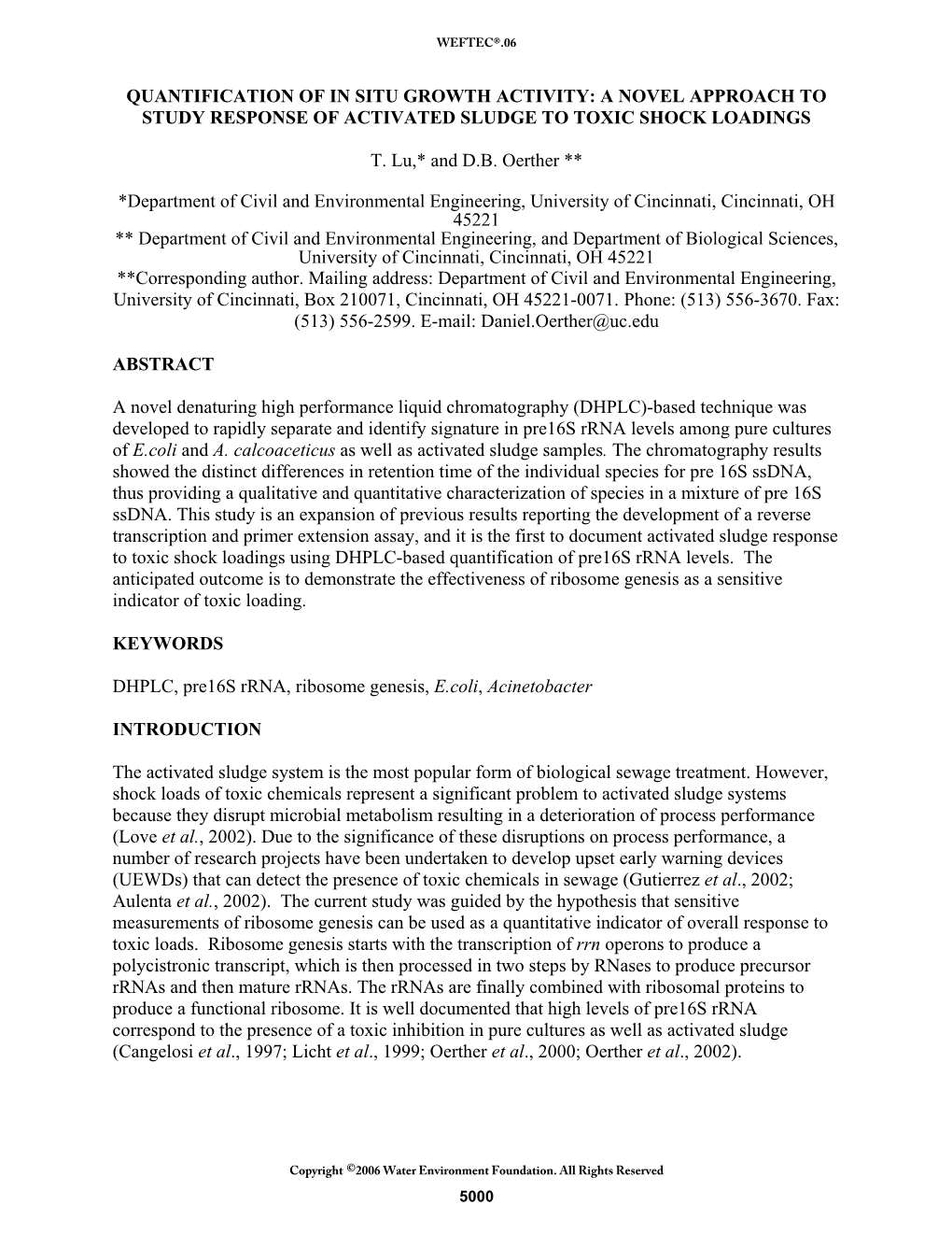 A Novel Approach to Study Response of Activated Sludge to Toxic Shock Loadings