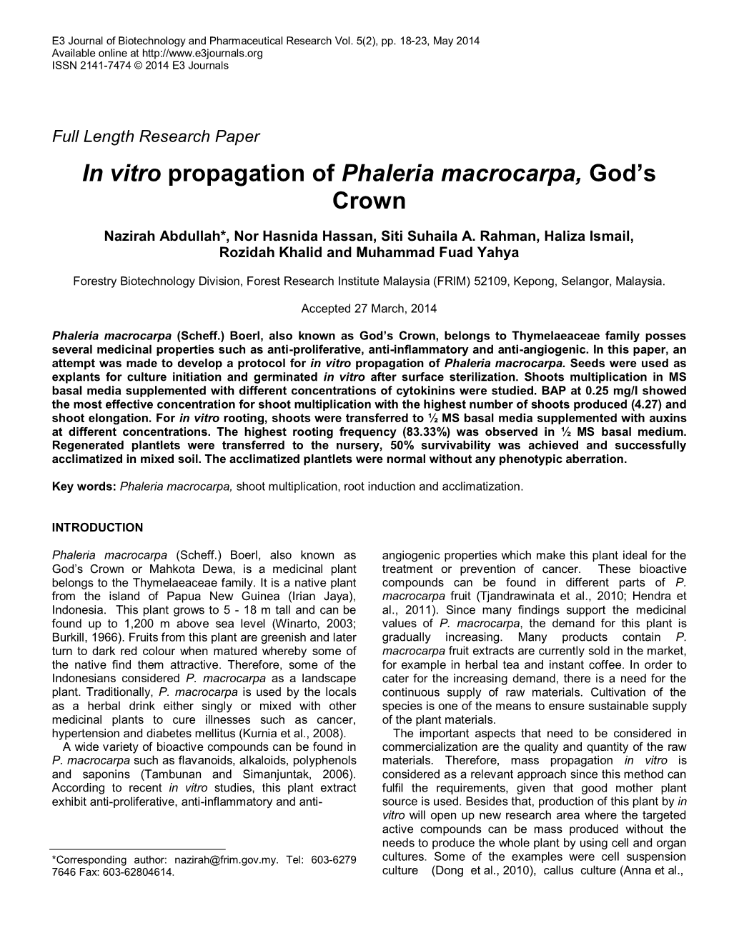 Micropropagation of Phaleria Macrocarpa (Mahkota Dewa)