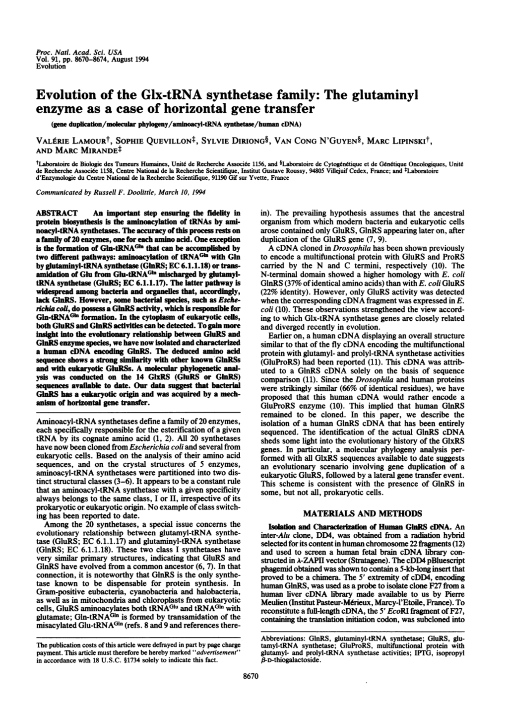 Evolution of the Glx-Trna Synthetase Family: the Glutaminyl Enzyme As A