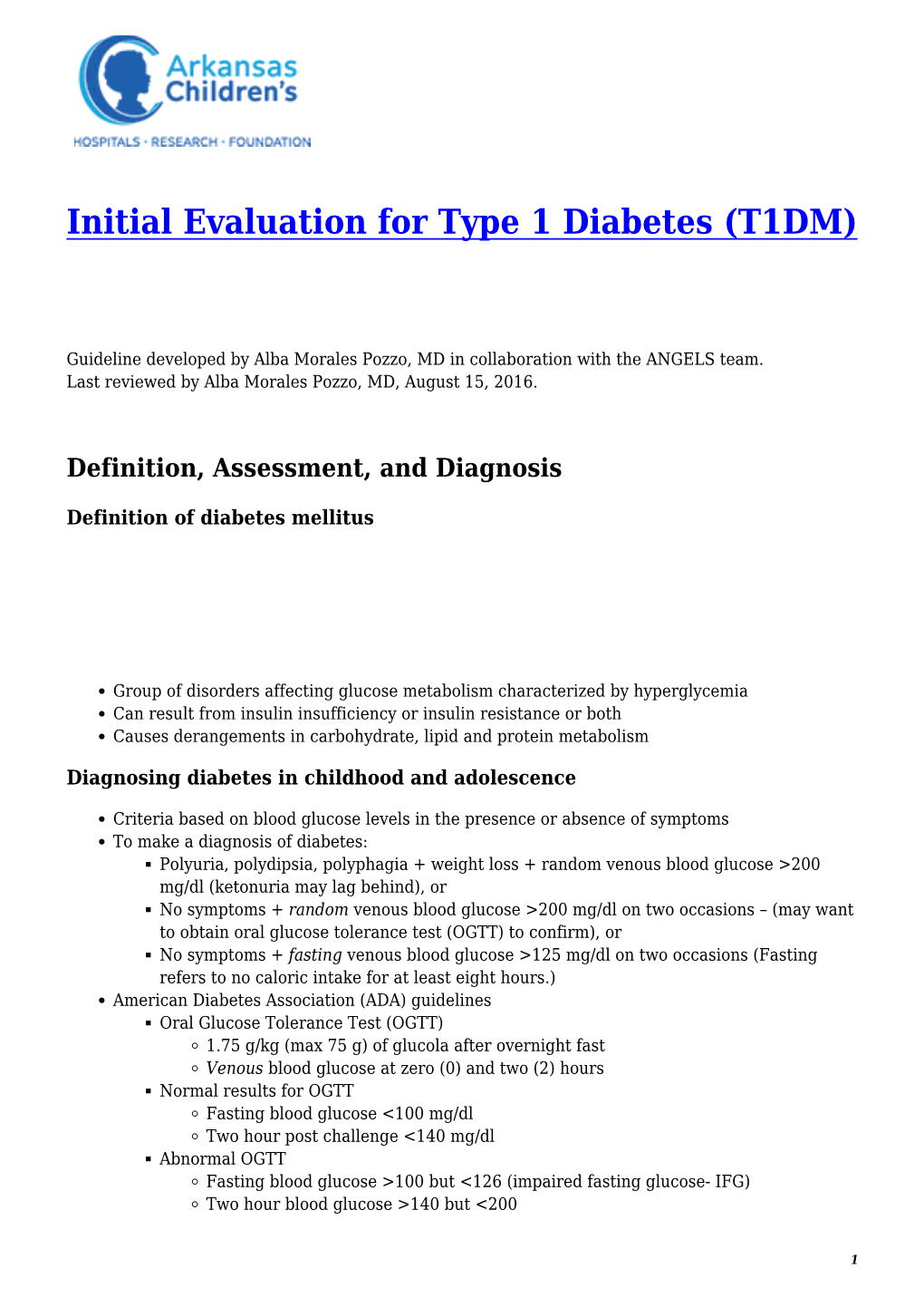 Initial Evaluation for Type 1 Diabetes (T1DM)