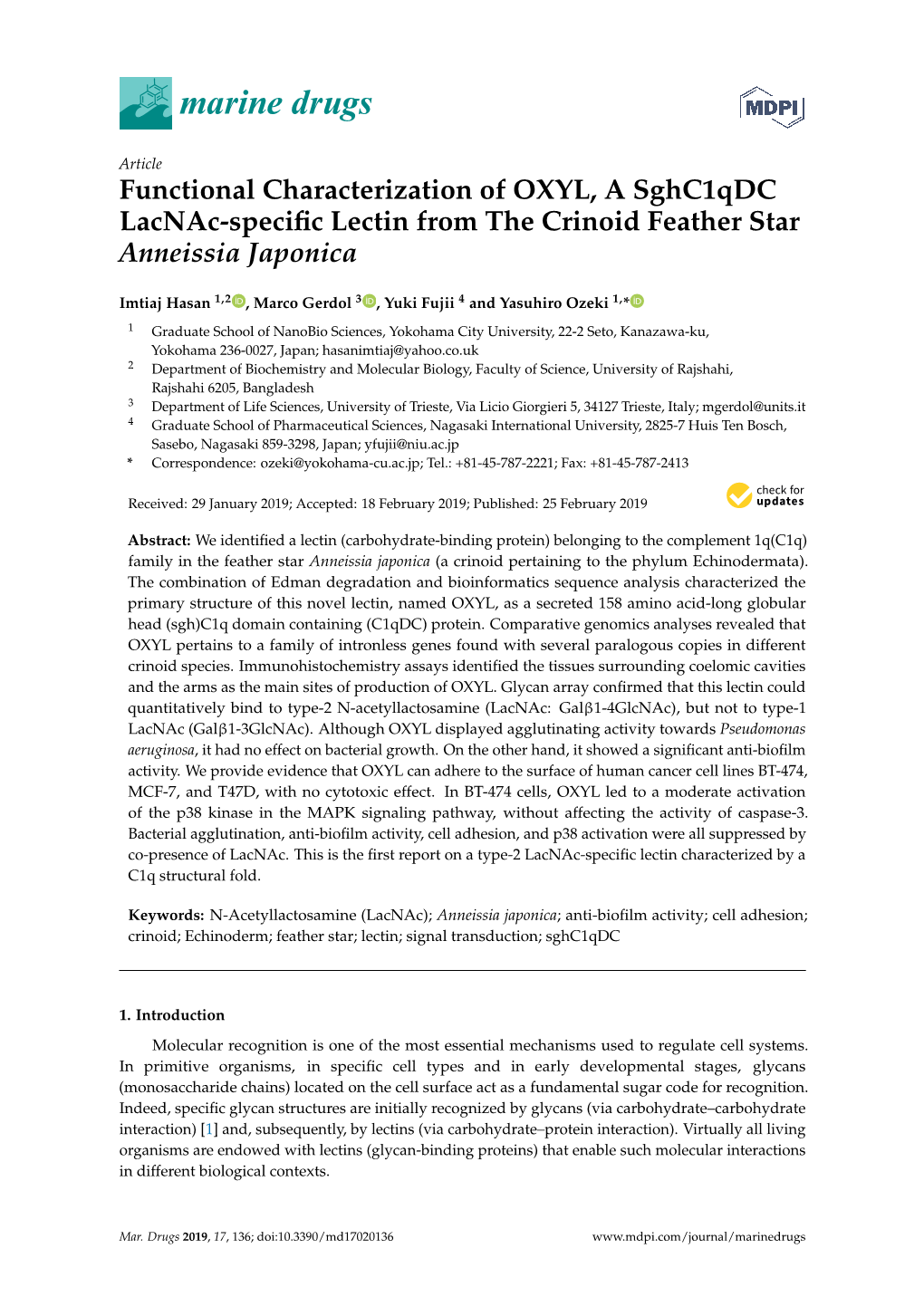 Functional Characterization of OXYL, a Sghc1qdc Lacnac-Specific