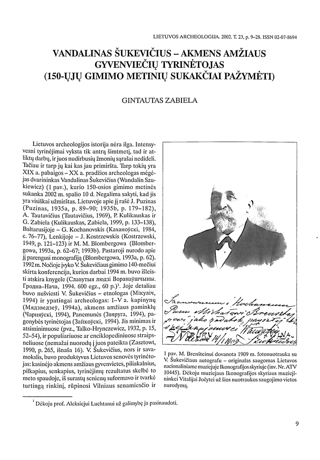 Vandalinas Šukevičius - Akmens Amžiaus Gyvenviečių Tyrinėtojas (150-Ųjų Gimimo Metinių Sukakčiai Pažymėti)
