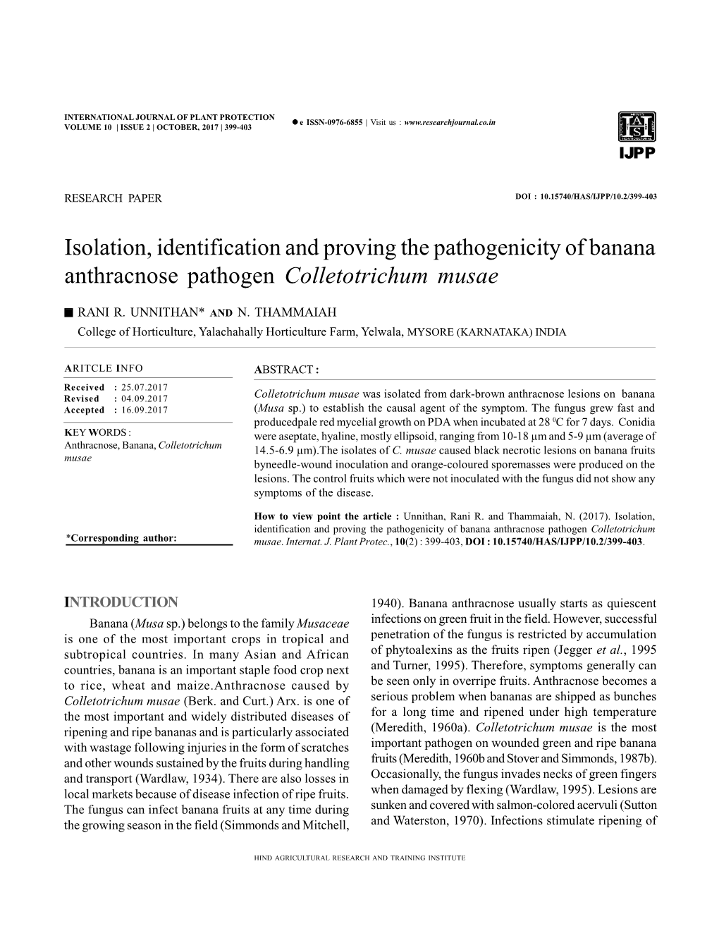 Isolation, Identification and Proving the Pathogenicity of Banana Anthracnose Pathogen Colletotrichum Musae