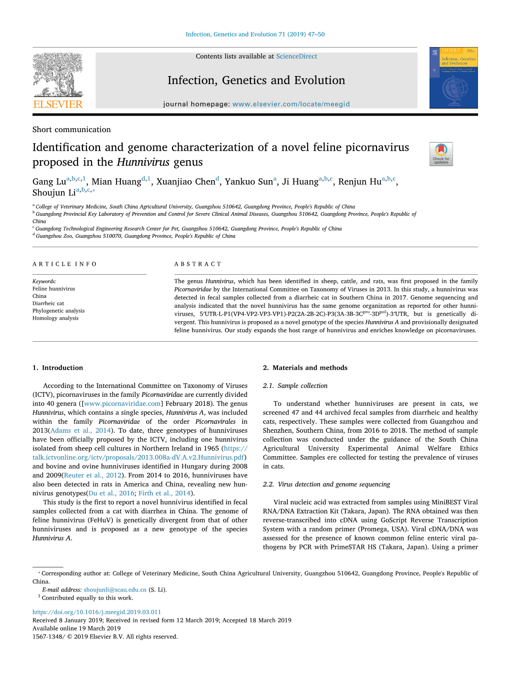 Identification and Genome Characterization of a Novel Feline