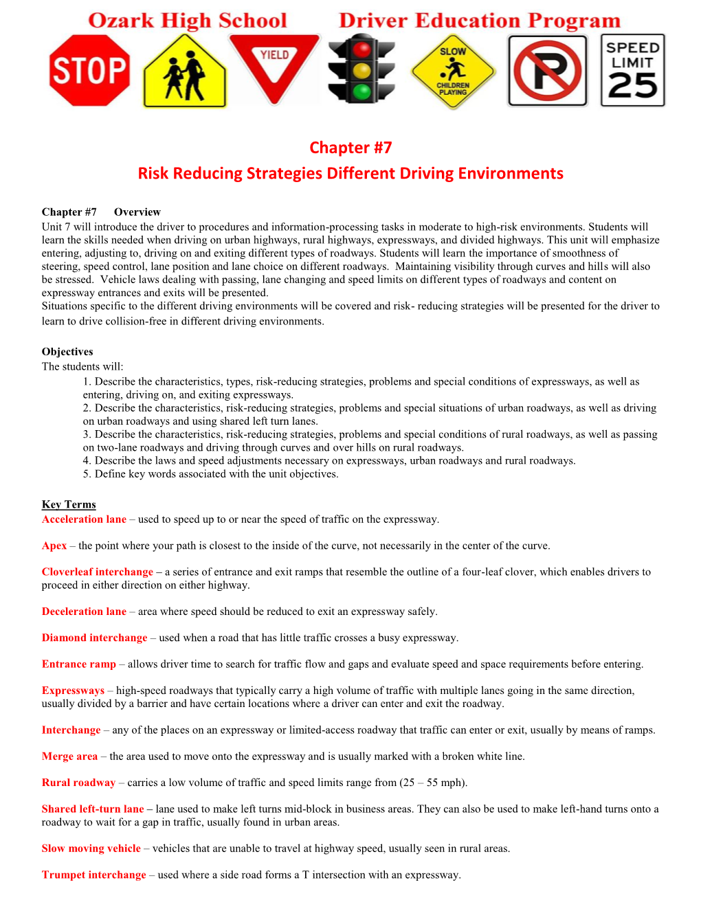 Chapter #7 Risk Reducing Strategies Different Driving Environments