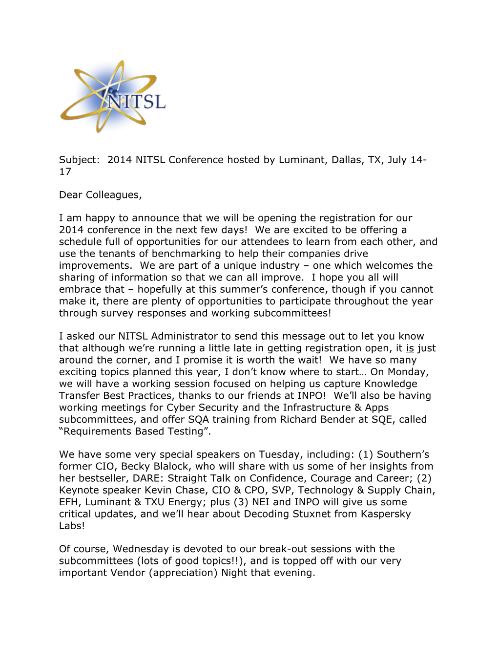 Subject: 2014 NITSL Conference Hosted by Luminant, Dallas, TX, July 14-17