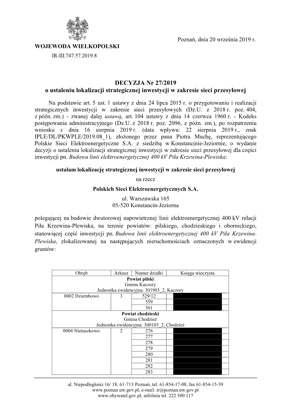 DECYZJA Nr 27/2019 O Ustaleniu Lokalizacji Strategicznej Inwestycji W Zakresie Sieci Przesyłowej