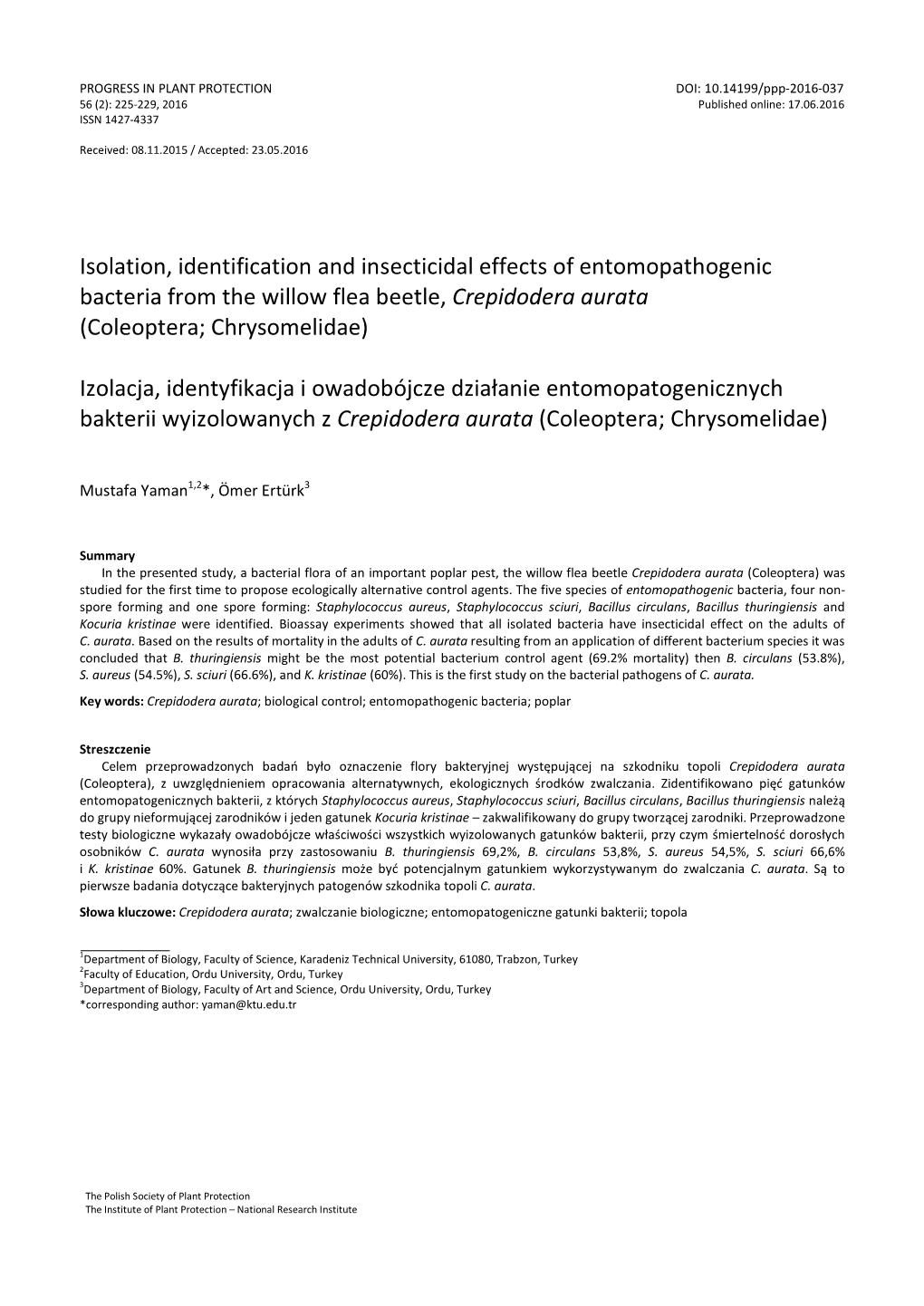 Isolation, Identification and Insecticidal Effects of Entomopathogenic Bacteria from the Willow Flea Beetle, Crepidodera Aurata (Coleoptera; Chrysomelidae)