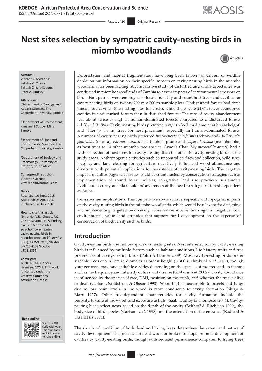 Nest Sites Selection by Sympatric Cavity-Nesting Birds in Miombo Woodlands