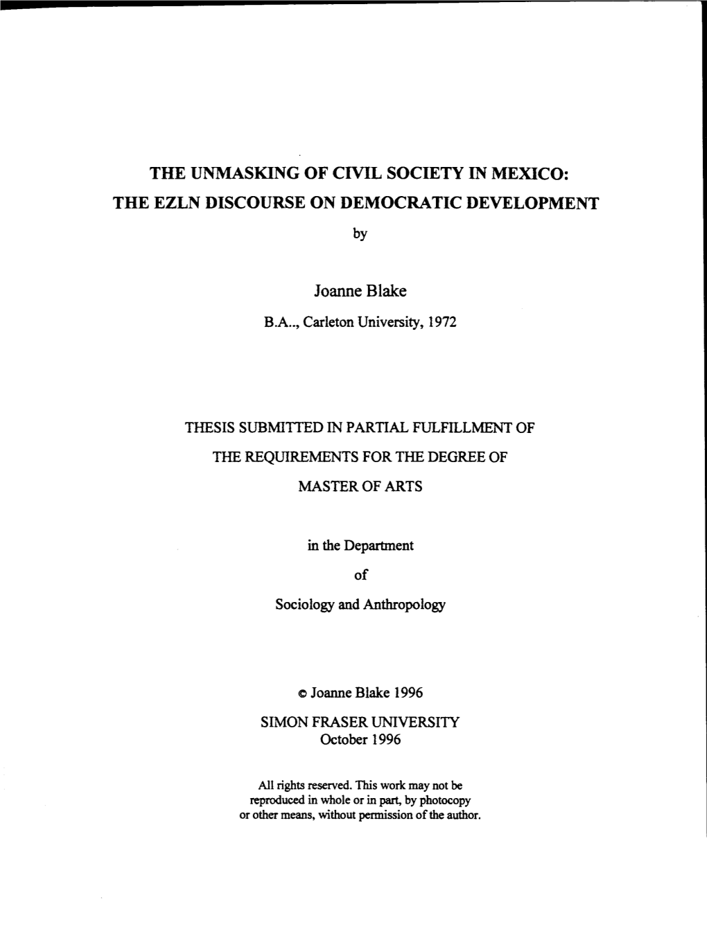 The Unmasking of Civil Society in Mexico : the EZLN Discourse On