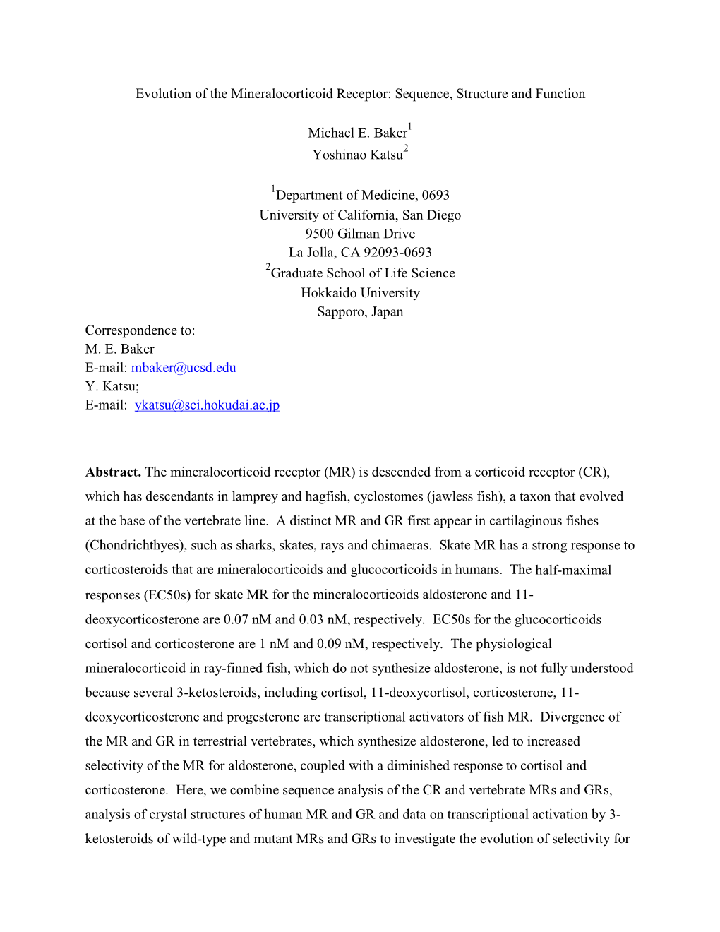 Evolution of the Mineralocorticoid Receptor: Sequence, Structure and Function