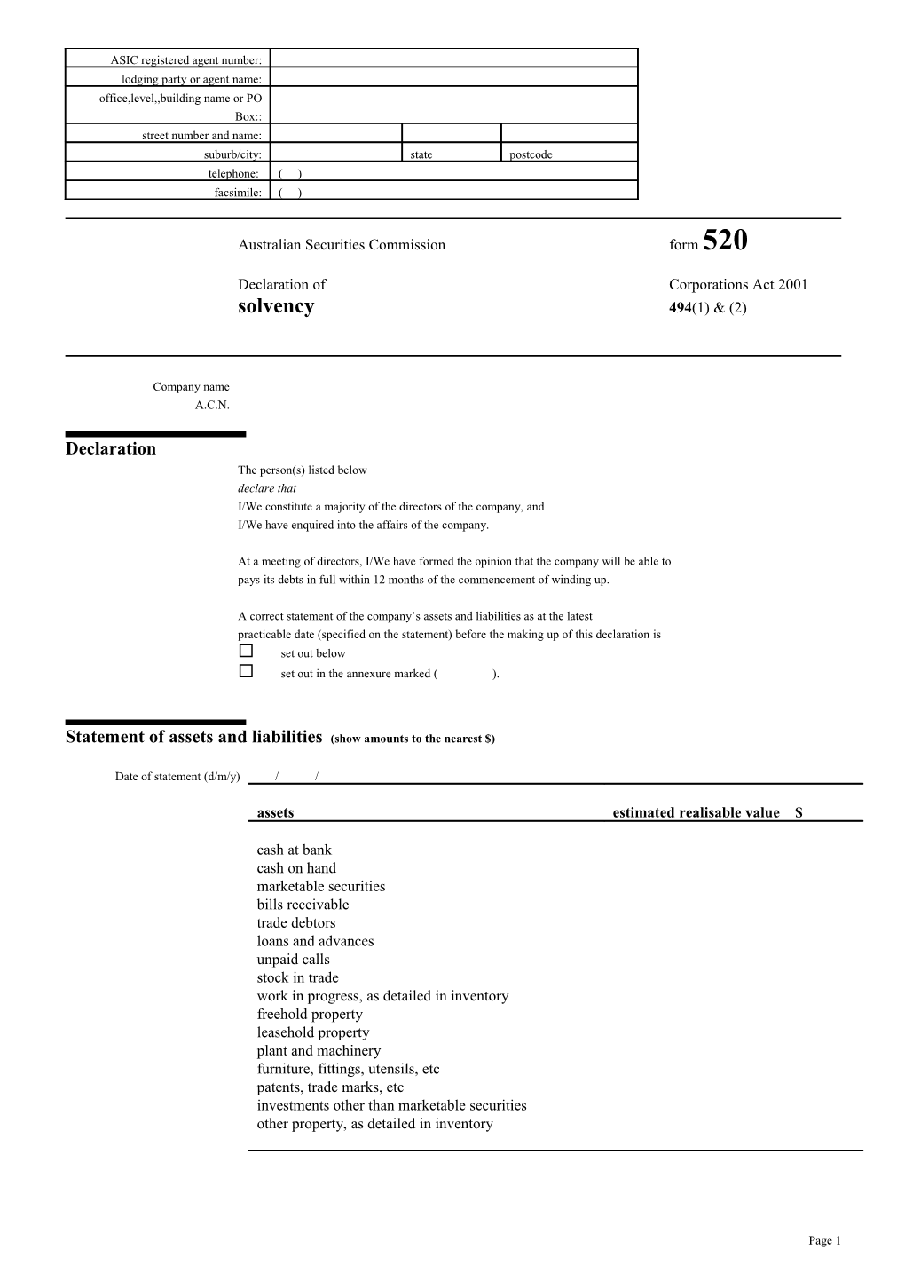 Australian Securities Commission Form 520