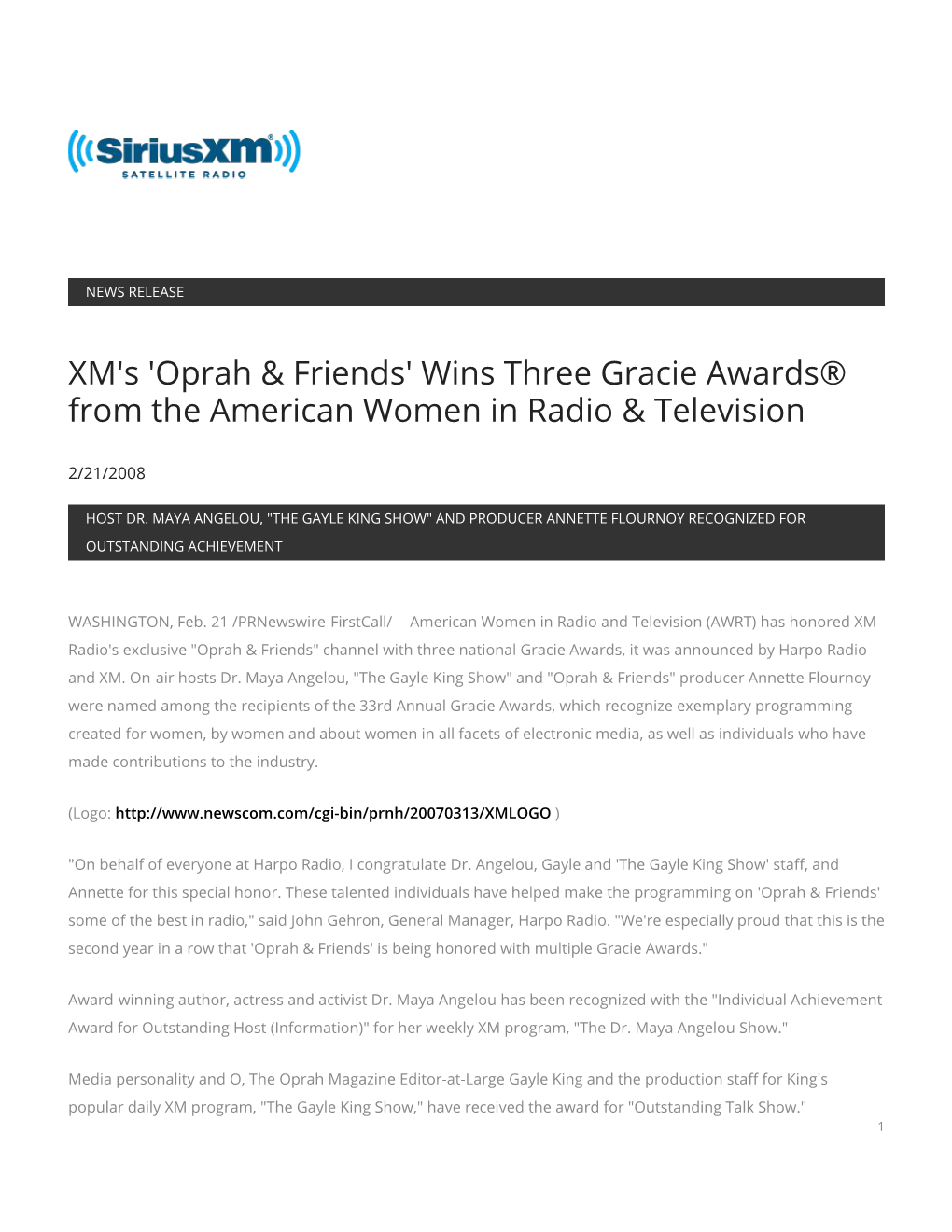 XM's 'Oprah & Friends' Wins Three Gracie Awards® from the American