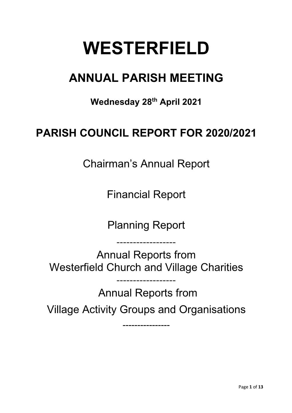 Westerfield 2021 Chairmans Report to the Annual Parish Meeting