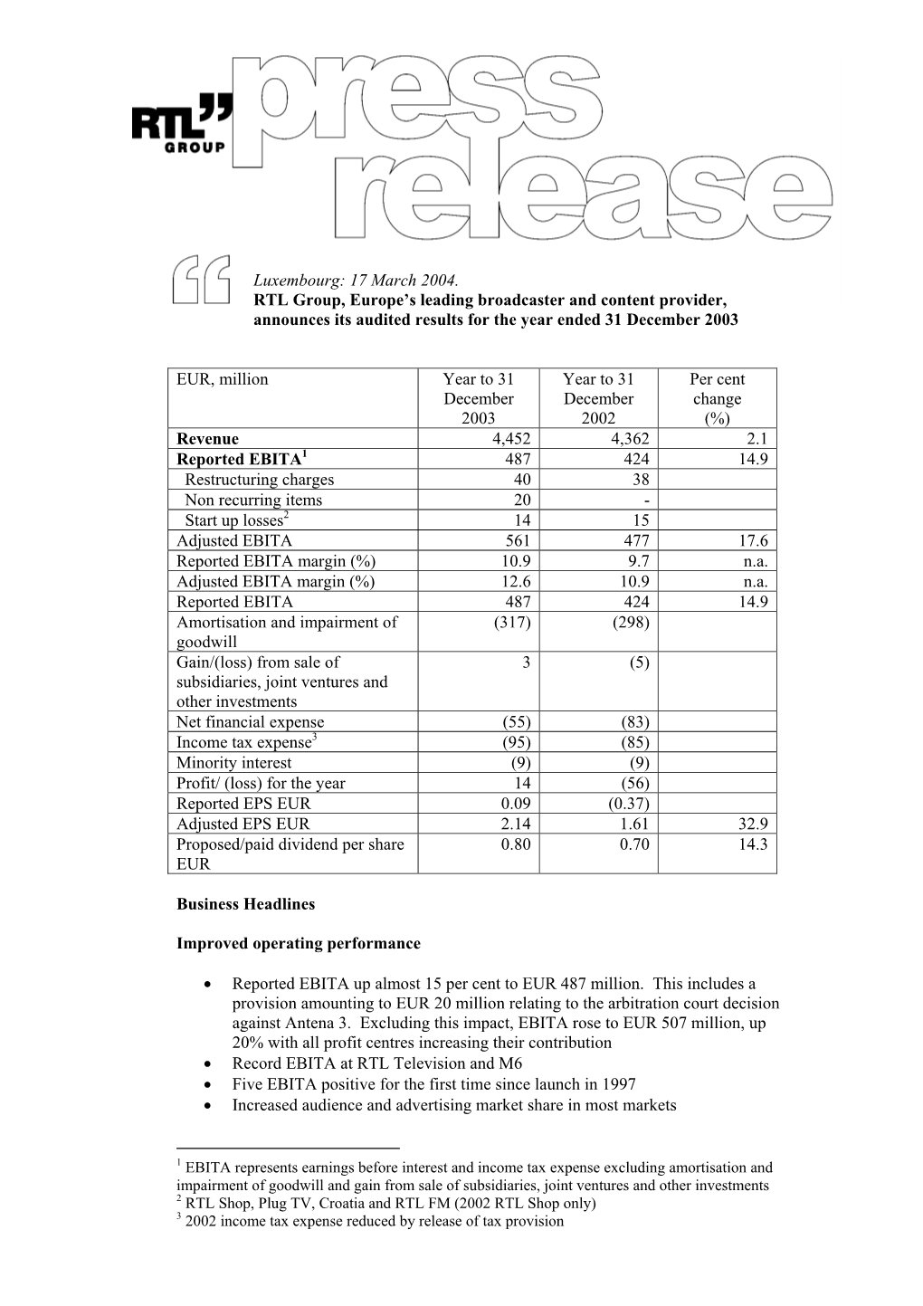 RTL Group Audited Results Announcements