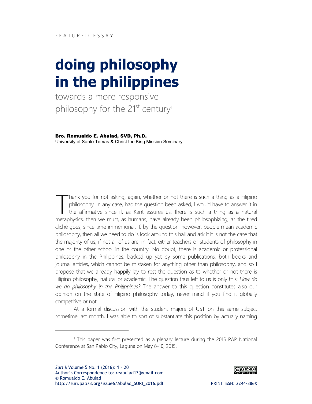 Doing Philosophy in the Philippines Towards a More Responsive Philosophy for the 21St Century1