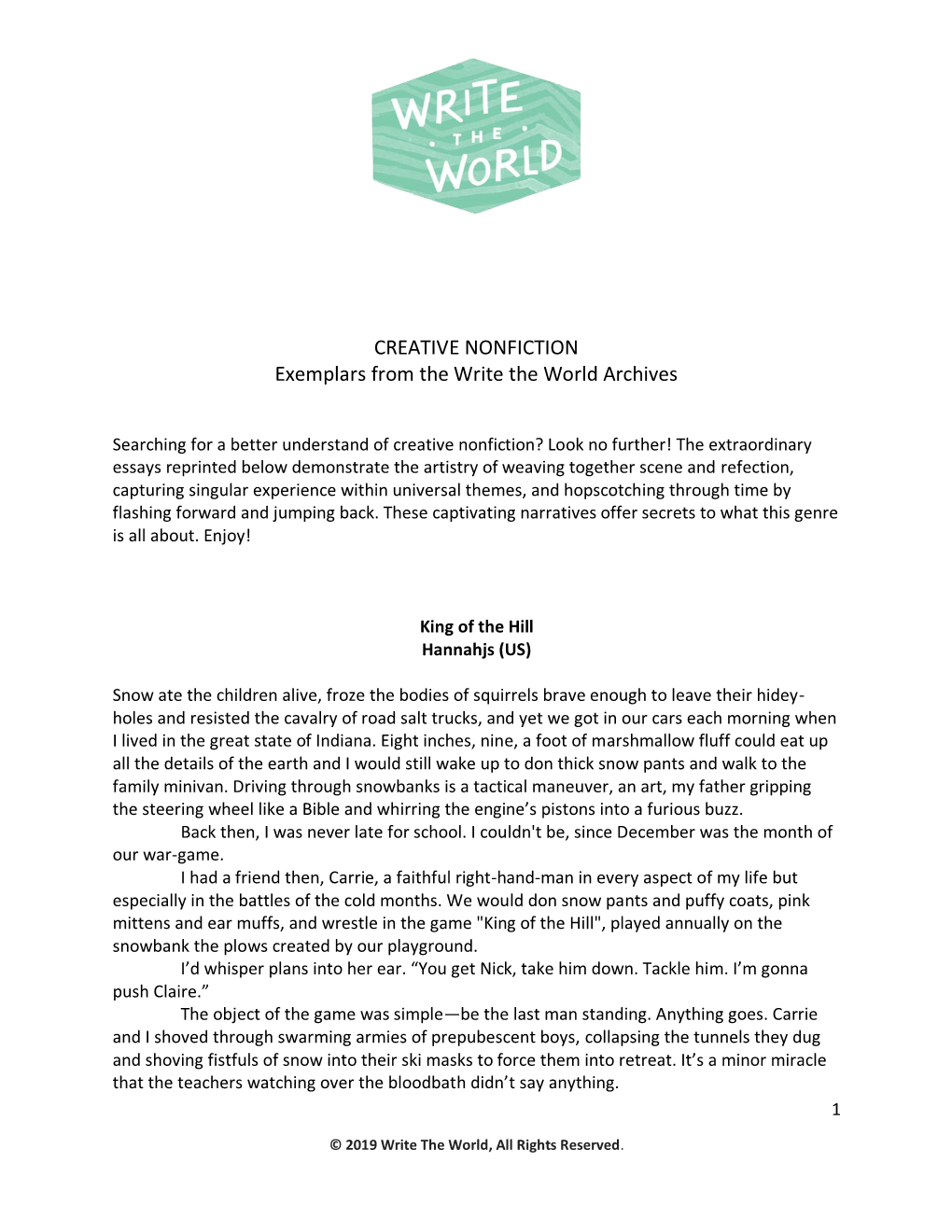 CREATIVE NONFICTION Exemplars from the Write the World Archives