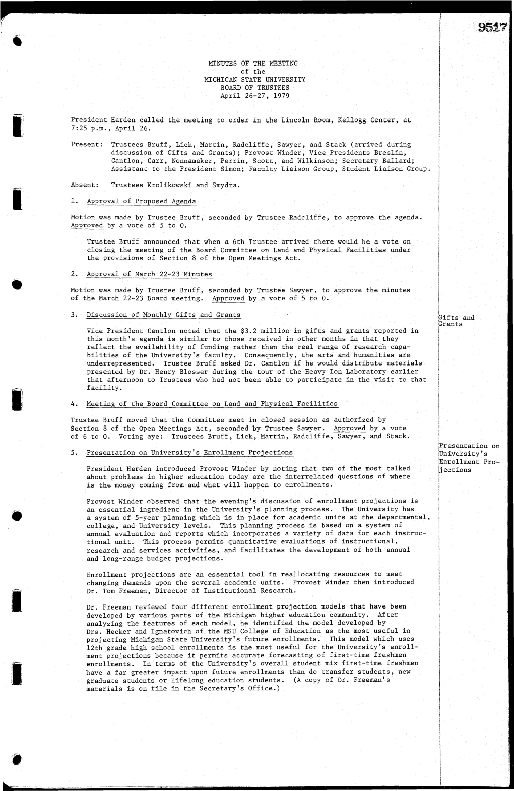 MINUTES of the MEETING of the MICHIGAN STATE UNIVERSITY BOARD of TRUSTEES April 26-27, 1979