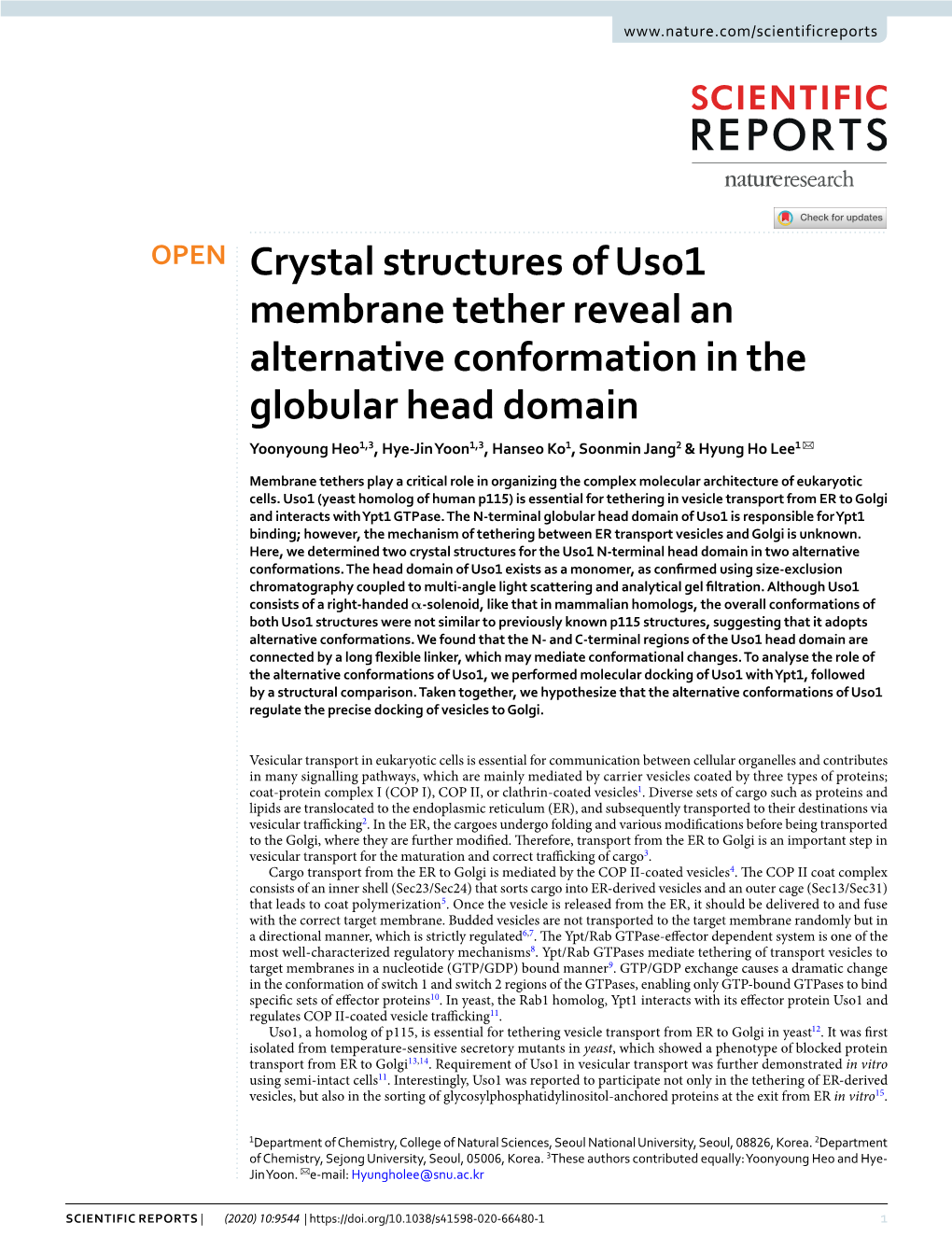 Crystal Structures of Uso1 Membrane Tether Reveal an Alternative Conformation in the Globular Head Domain
