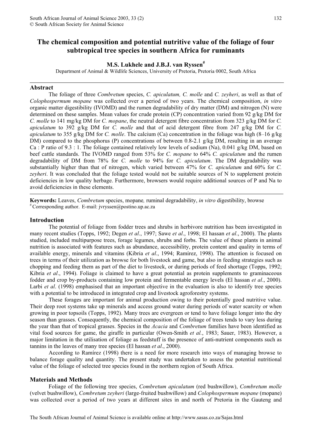 The Chemical Composition and Potential Nutritive Value of the Foliage of Four Subtropical Tree Species in Southern Africa for Ruminants