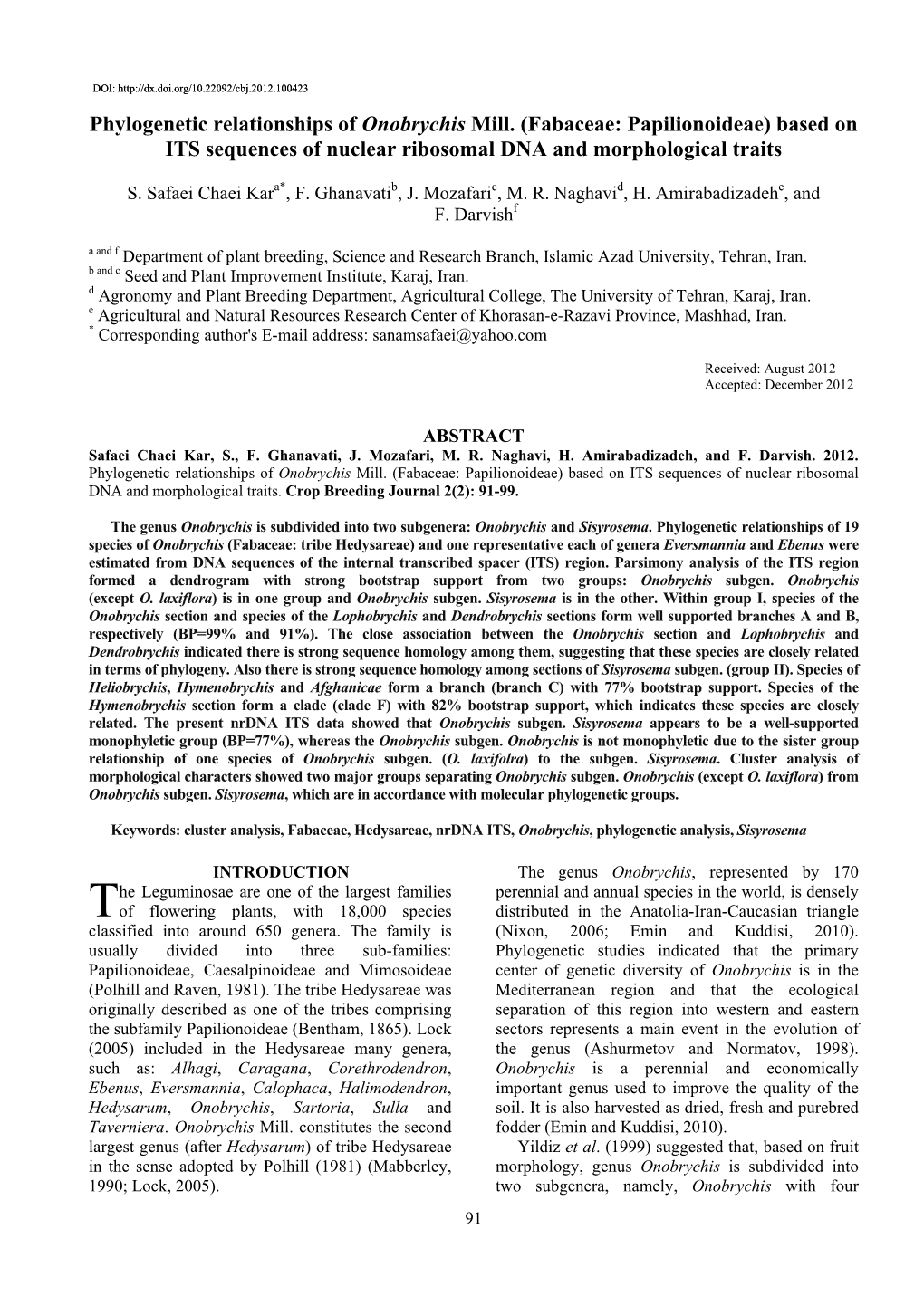 Phylogenetic Relationships of Onobrychis Mill. (Fabaceae: Papilionoideae) Based on ITS Sequences of Nuclear Ribosomal DNA and Morphological Traits