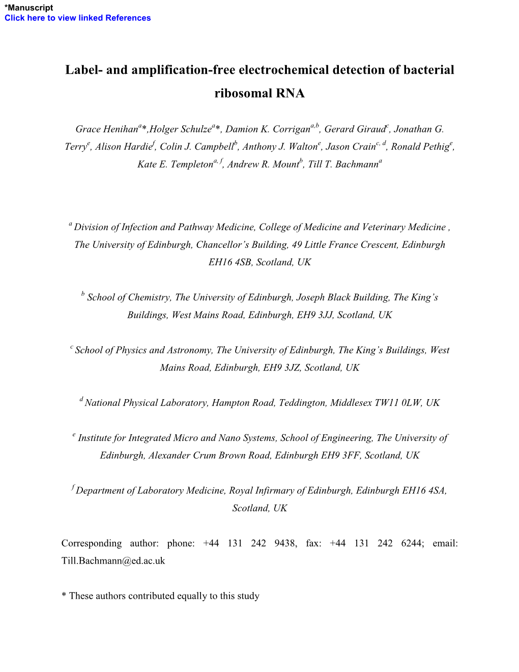 And Amplification-Free Electrochemical Detection of Bacterial Ribosomal RNA