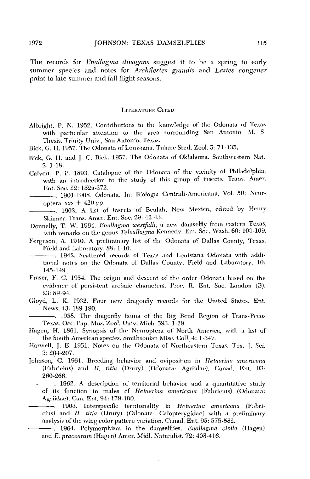 1972 JOHNSON: TEXAS DAMSELFLIES 115 the Records For