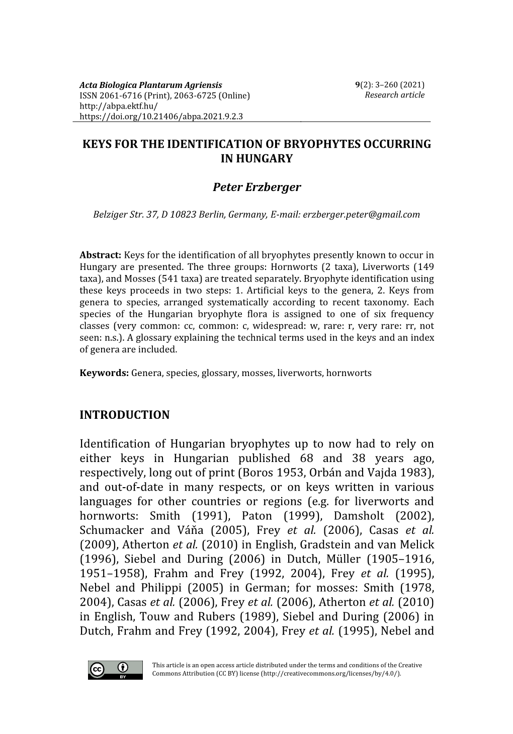 Keys for the Identification of Bryophytes Occurring in Hungary