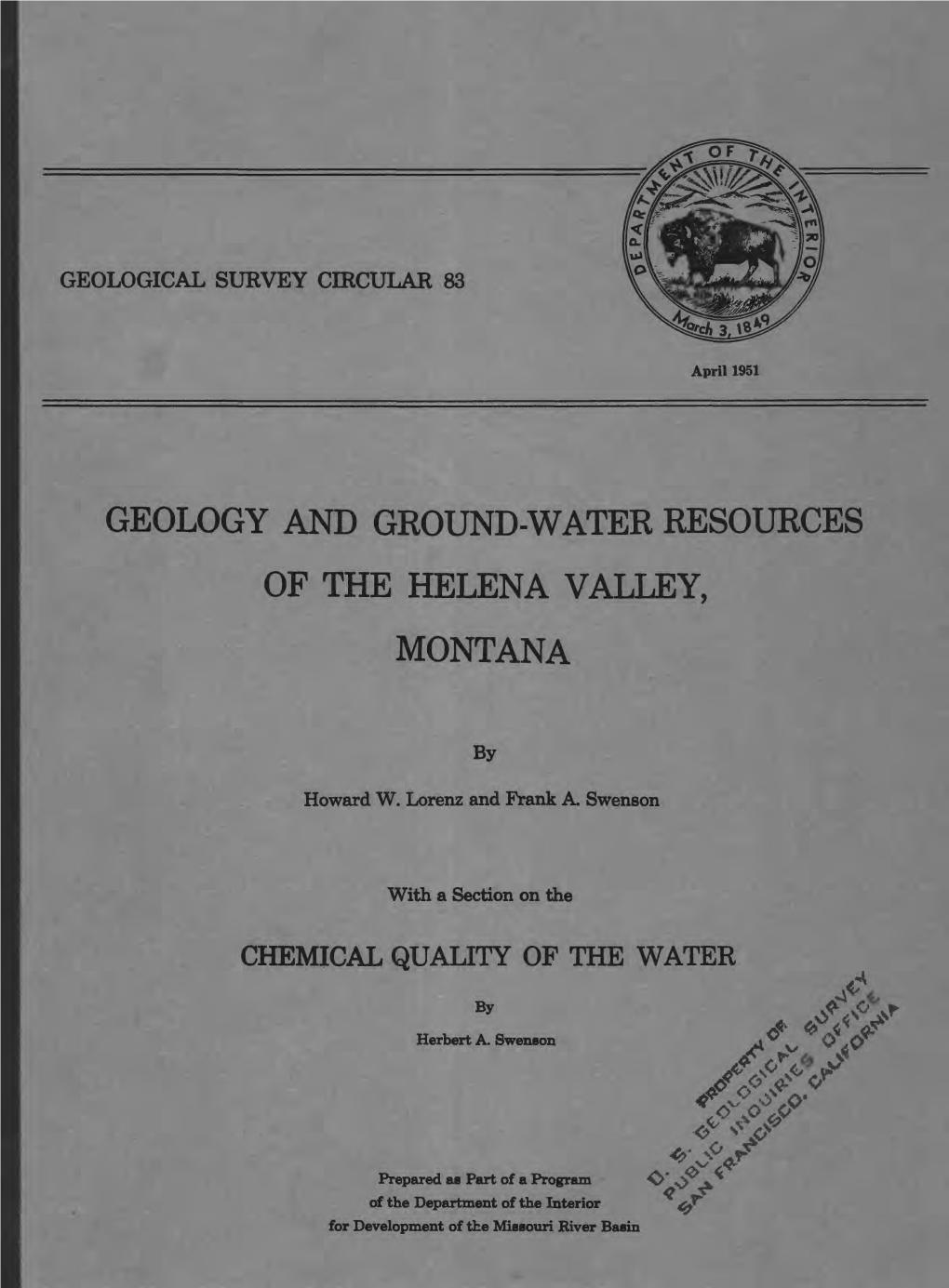 Geology and Ground-Water Resources of the Helena Valley, Montana