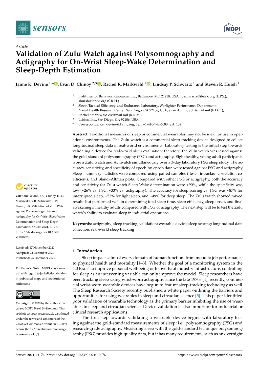 Validation of Zulu Watch Against Polysomnography and Actigraphy for On-Wrist Sleep-Wake Determination and Sleep-Depth Estimation