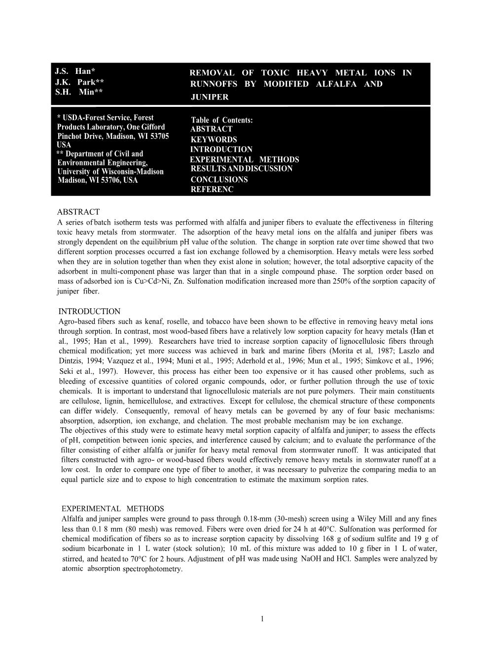 Removal of Toxic Heavy Metal Ions in Runnoffs by Modified Alfalfa and Juniper