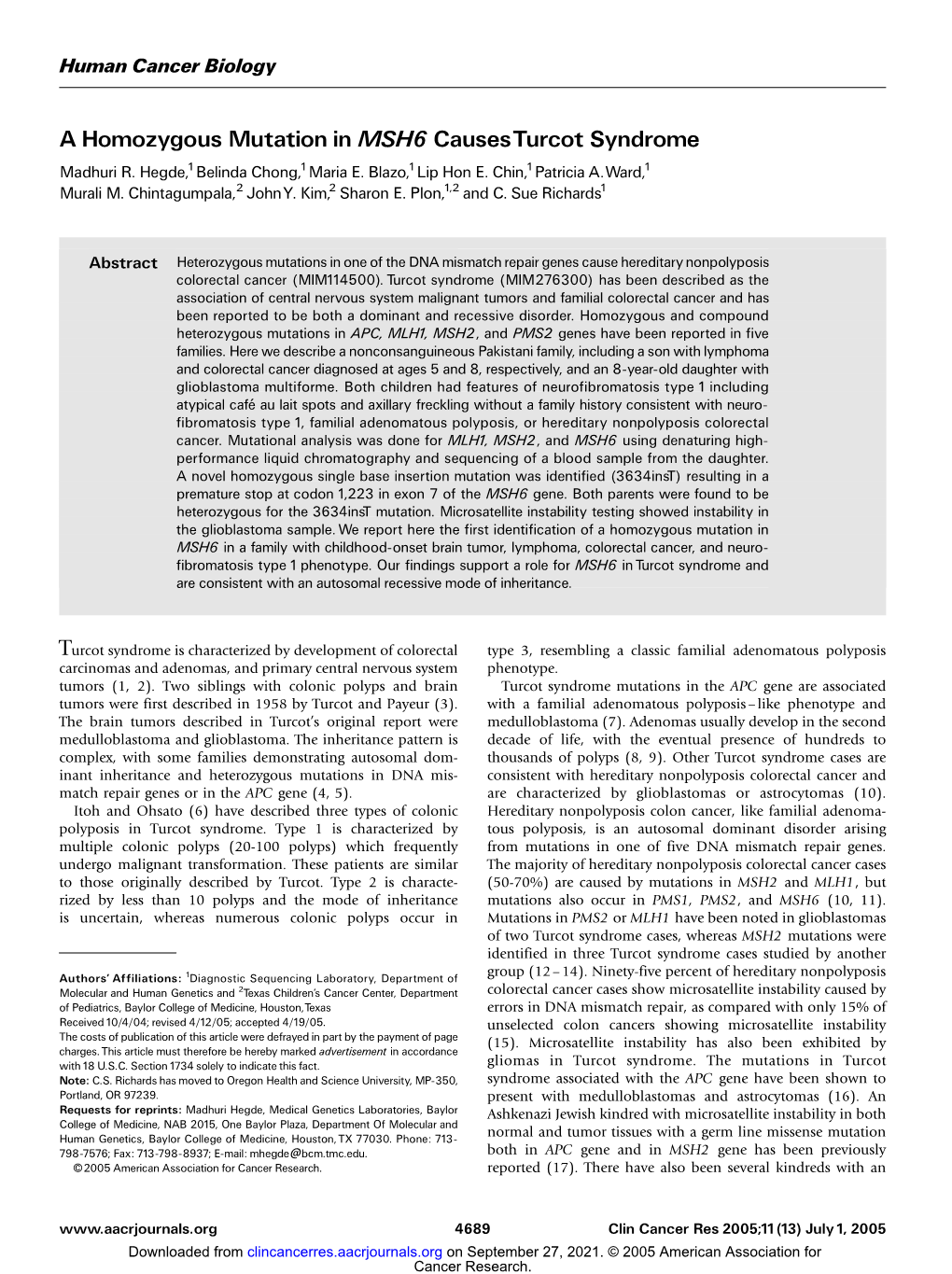 A Homozygous Mutation in MSH6 Causesturcot Syndrome