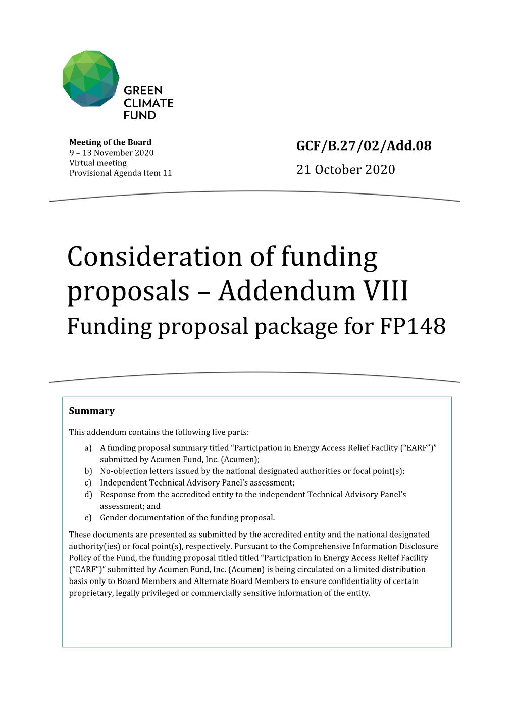 Consideration of Funding Proposals – Addendum VIII Funding Proposal Package for FP148