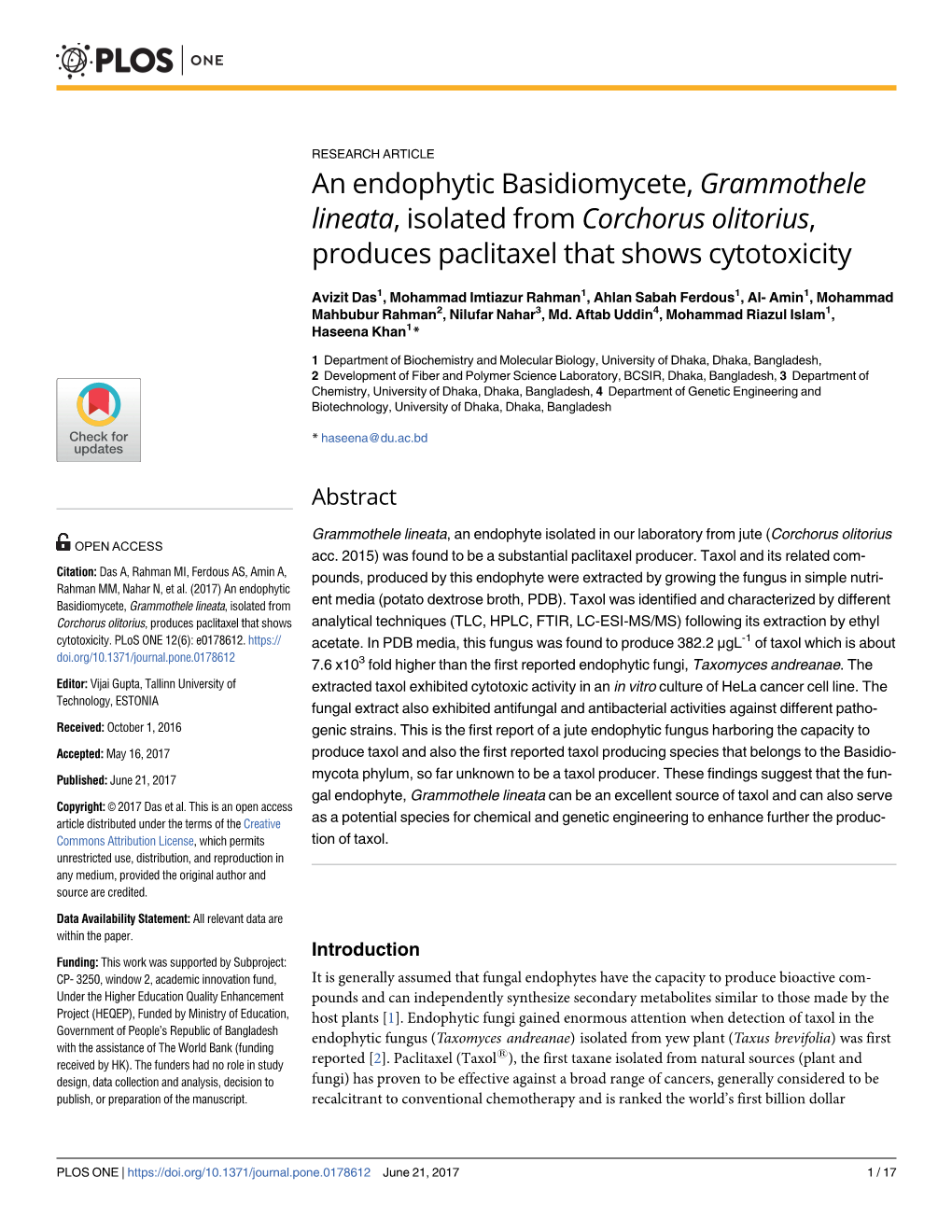 An Endophytic Basidiomycete, Grammothele Lineata, Isolated from Corchorus Olitorius, Produces Paclitaxel That Shows Cytotoxicity