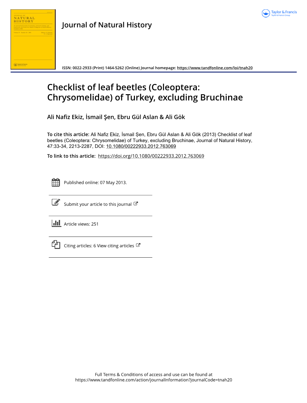 Checklist of Leaf Beetles (Coleoptera: Chrysomelidae) of Turkey, Excluding Bruchinae