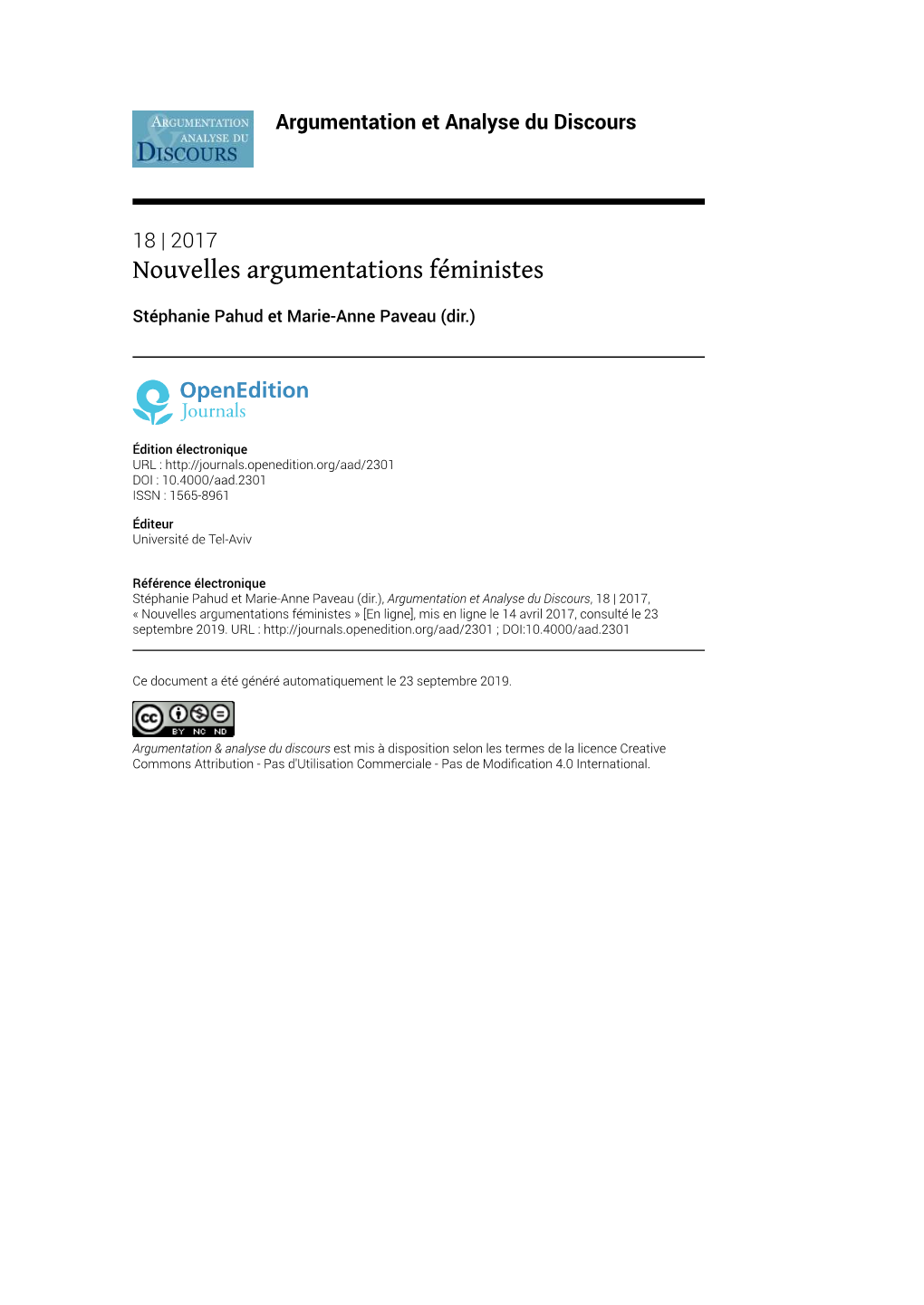 Argumentation Et Analyse Du Discours, 18 | 2017, « Nouvelles Argumentations Féministes » [En Ligne], Mis En Ligne Le 14 Avril 2017, Consulté Le 23 Septembre 2019