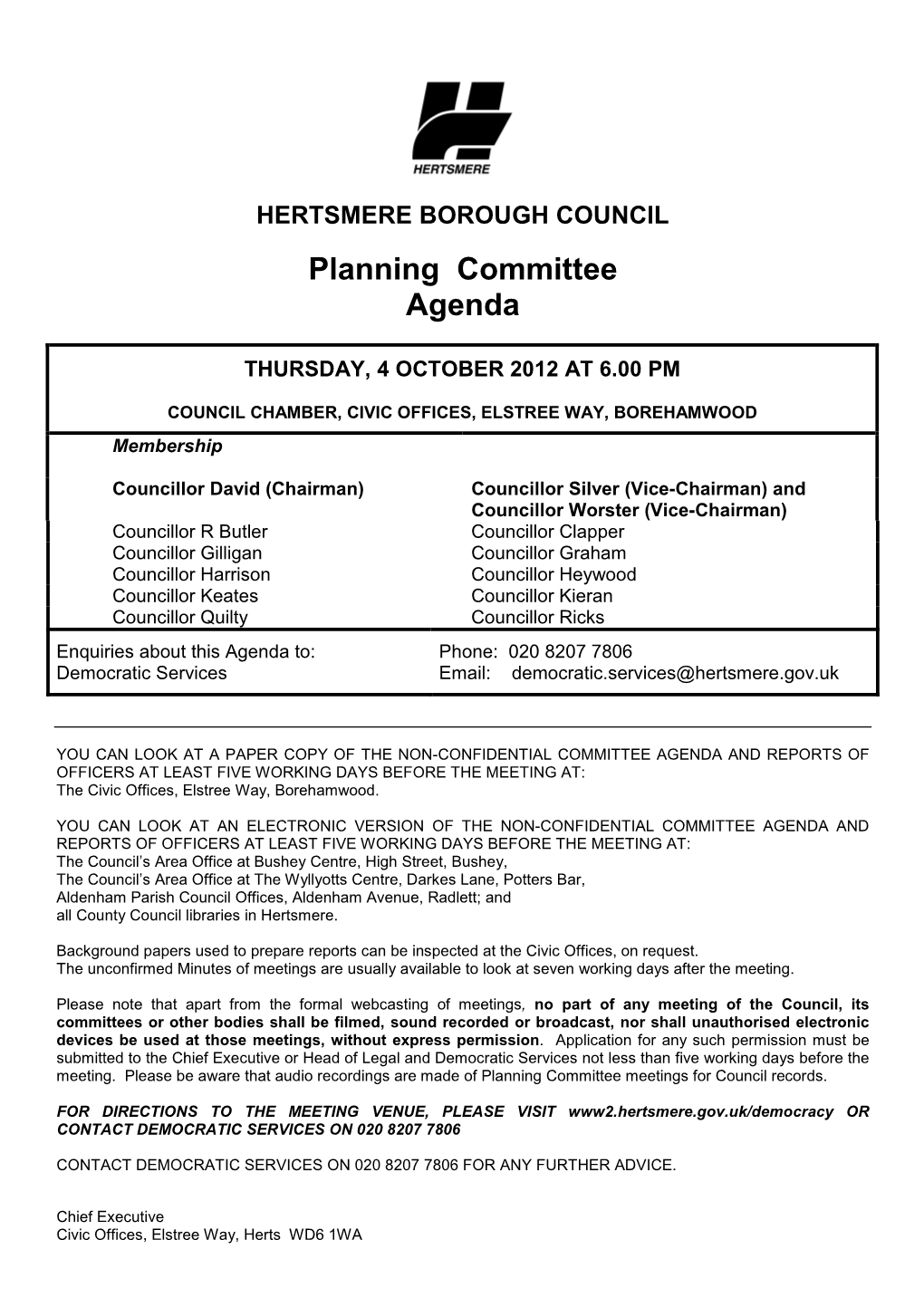 Planning Committee Agenda 4 October 2012