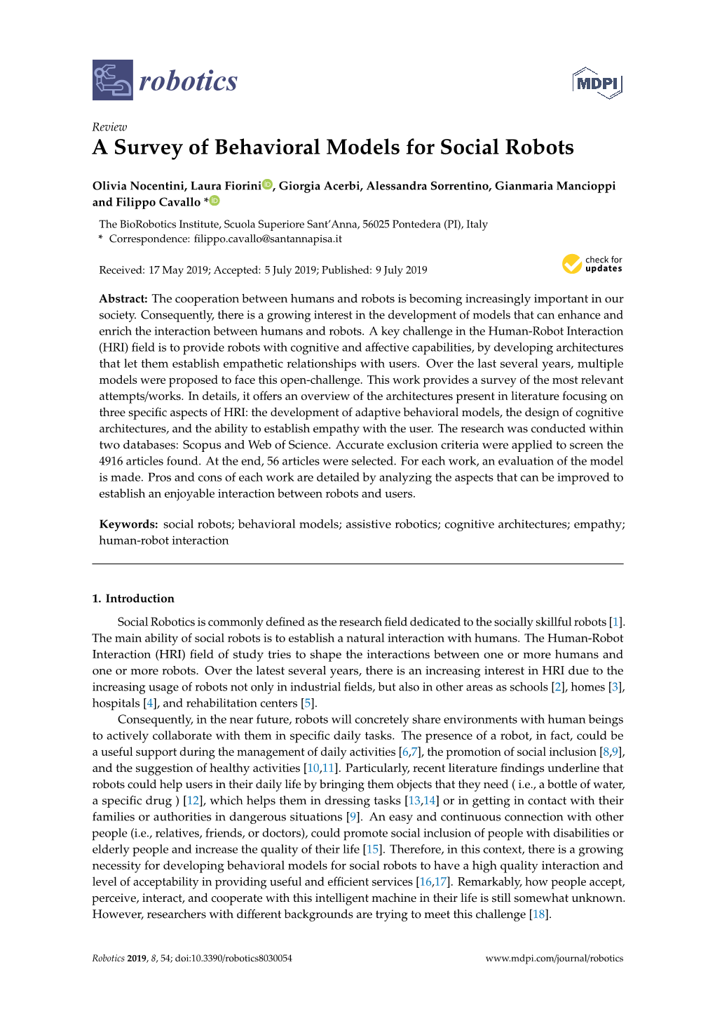 A Survey of Behavioral Models for Social Robots