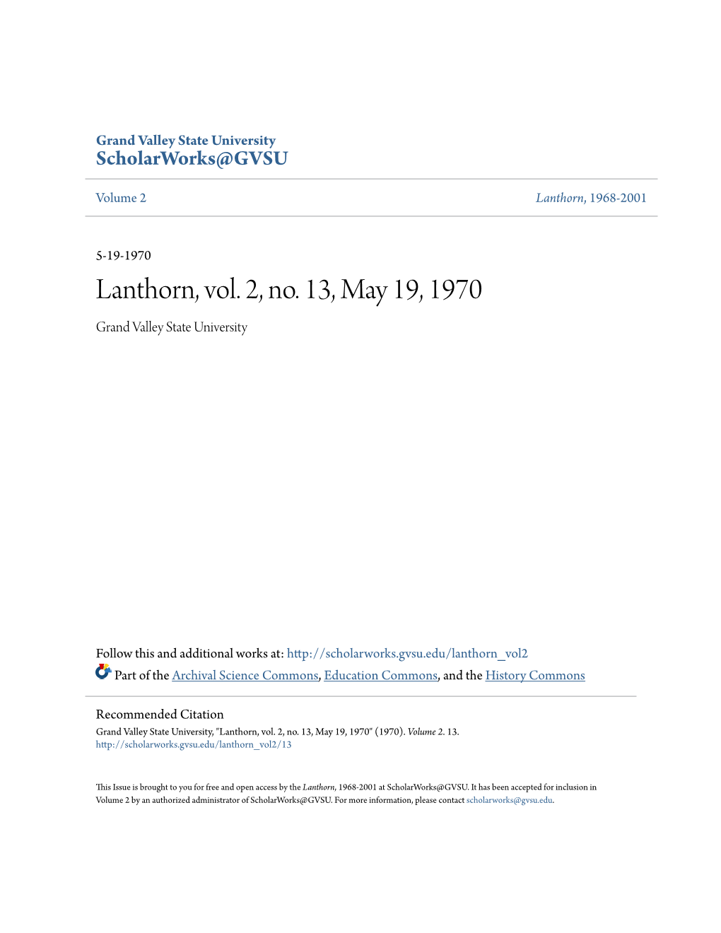 Lanthorn, Vol. 2, No. 13, May 19, 1970 Grand Valley State University