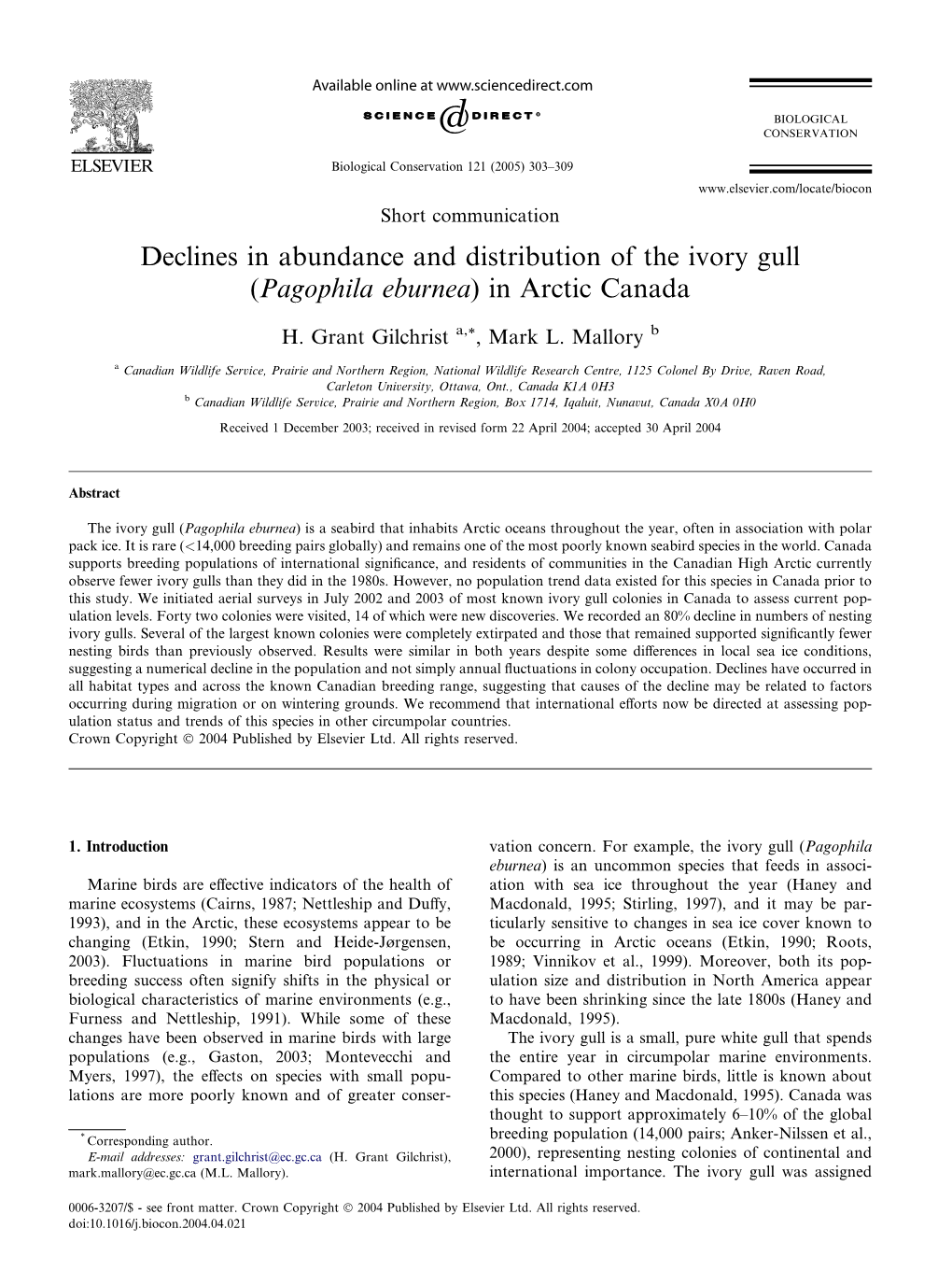 Declines in Abundance and Distribution of the Ivory Gull (Pagophila Eburnea) in Arctic Canada