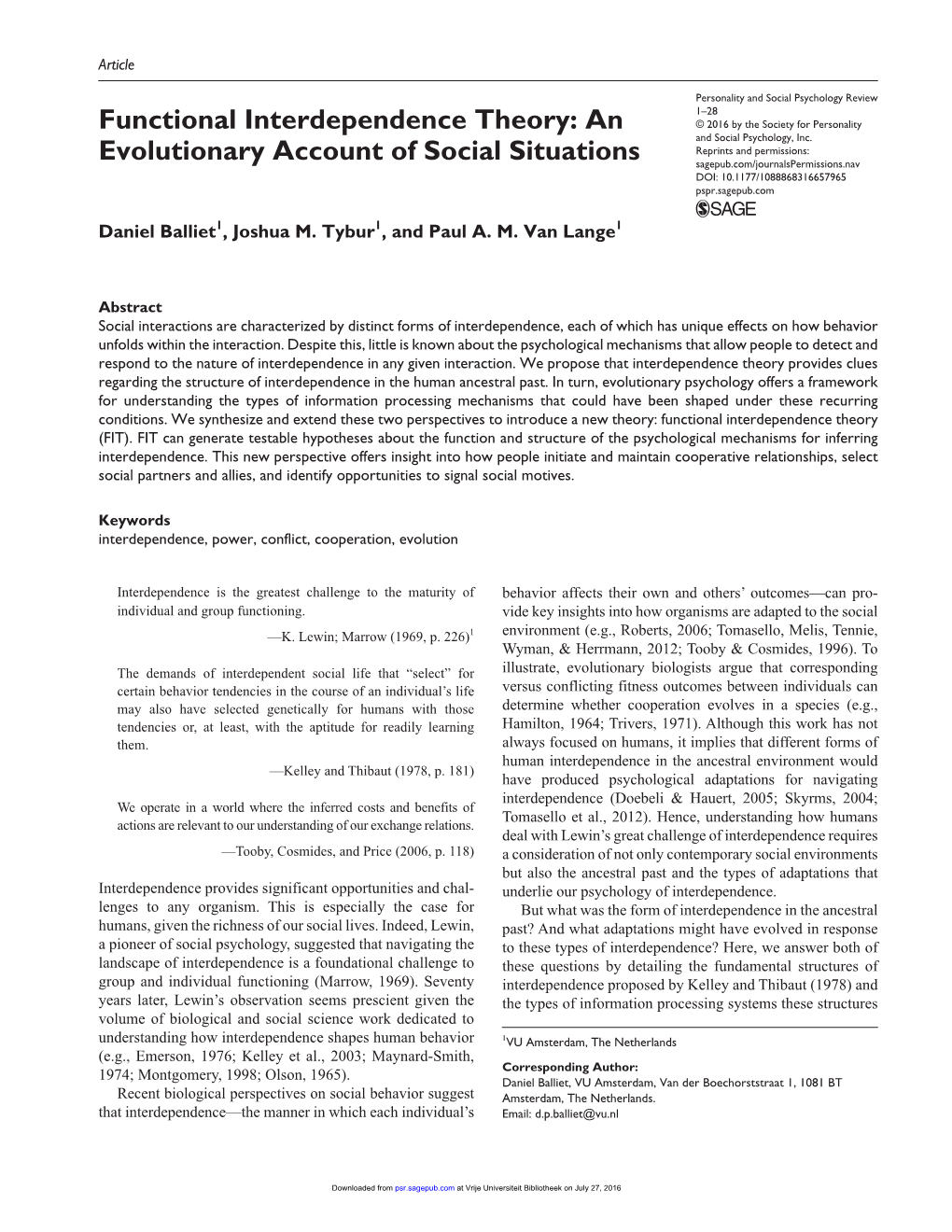 Functional Interdependence Theory: an © 2016 by the Society for Personality and Social Psychology, Inc