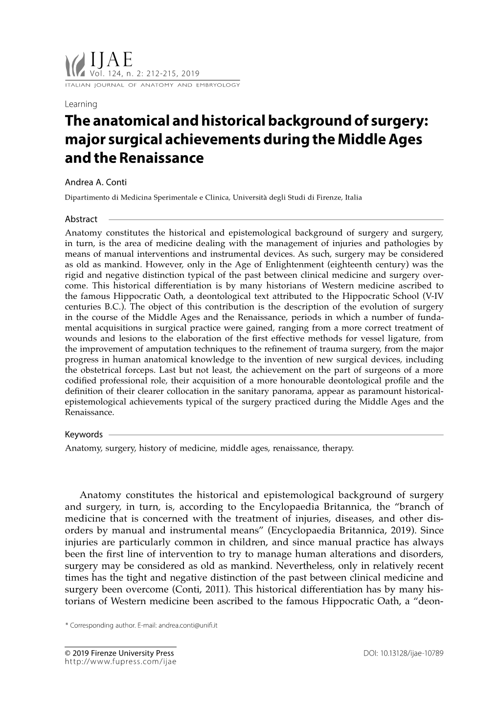 The Anatomical and Historical Background of Surgery: Major Surgical Achievements During the Middle Ages and the Renaissance