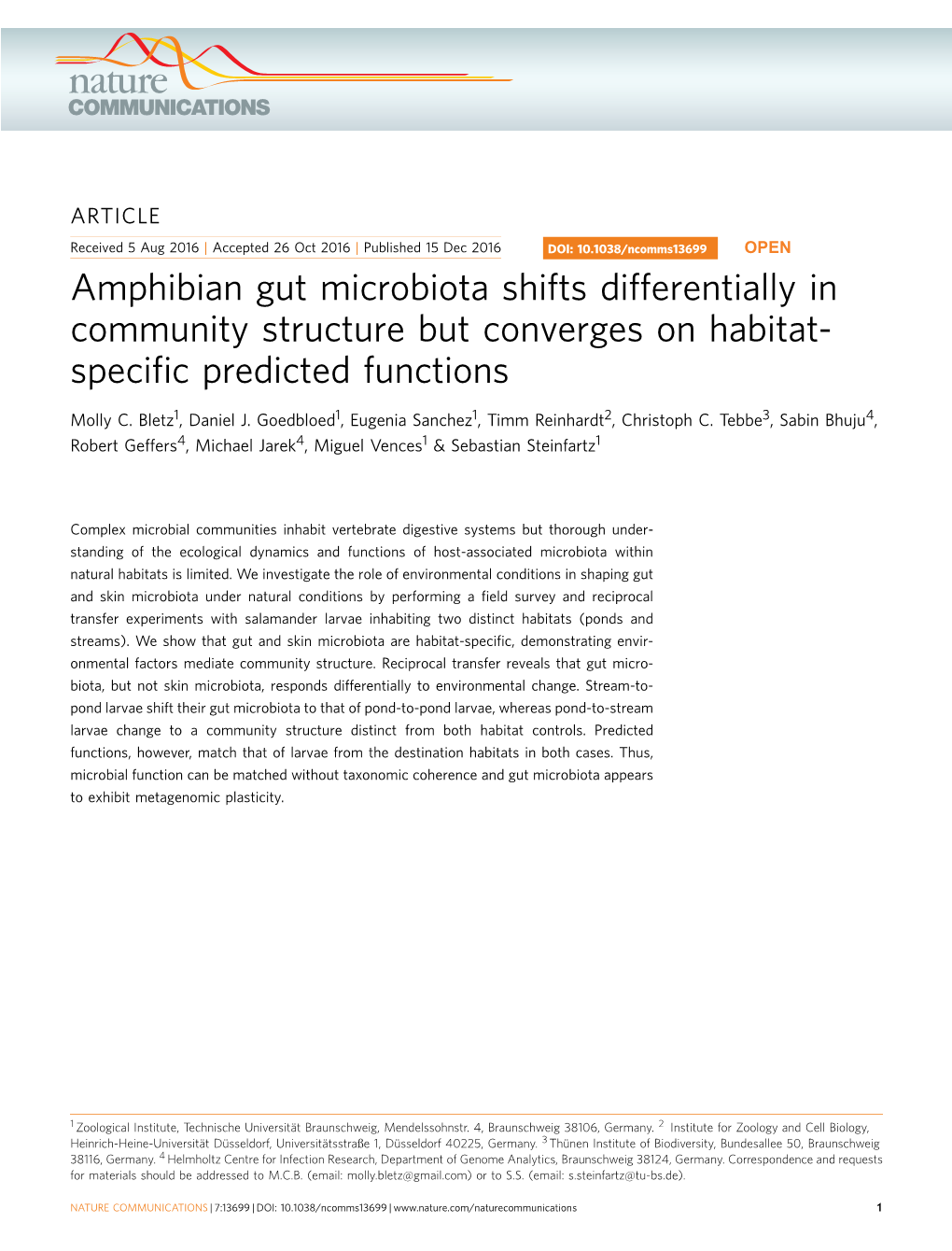 Amphibian Gut Microbiota Shifts Differentially in Community Structure but Converges on Habitat- Speciﬁc Predicted Functions