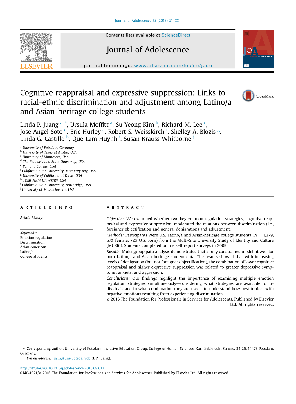 Cognitive Reappraisal and Expressive Suppression: Links to Racial-Ethnic Discrimination and Adjustment Among Latino/A and Asian-Heritage College Students