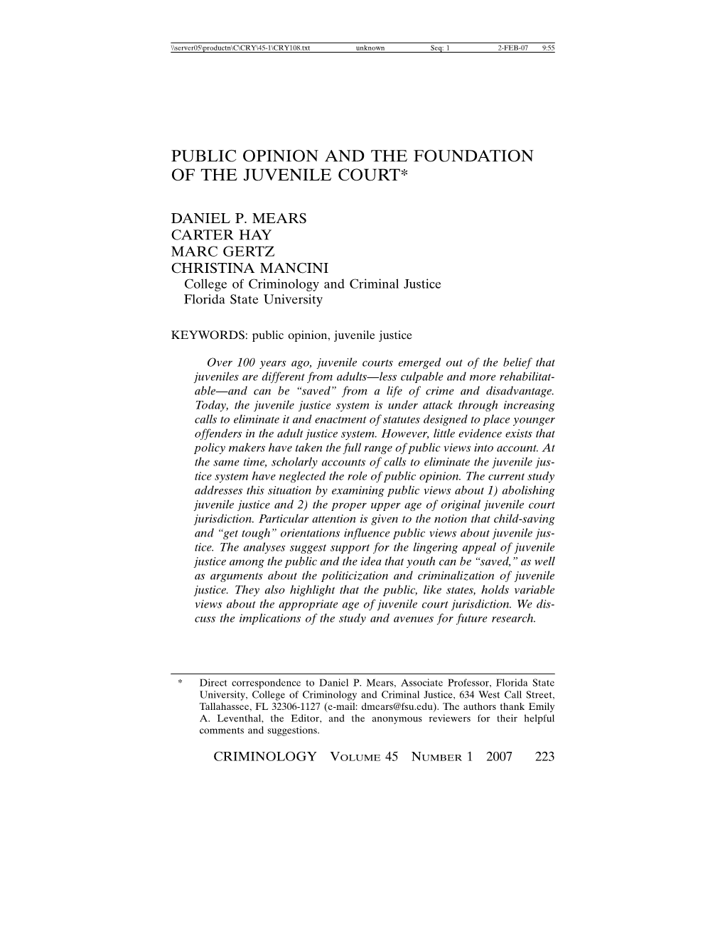 Public Opinion and the Foundation of the Juvenile Court*