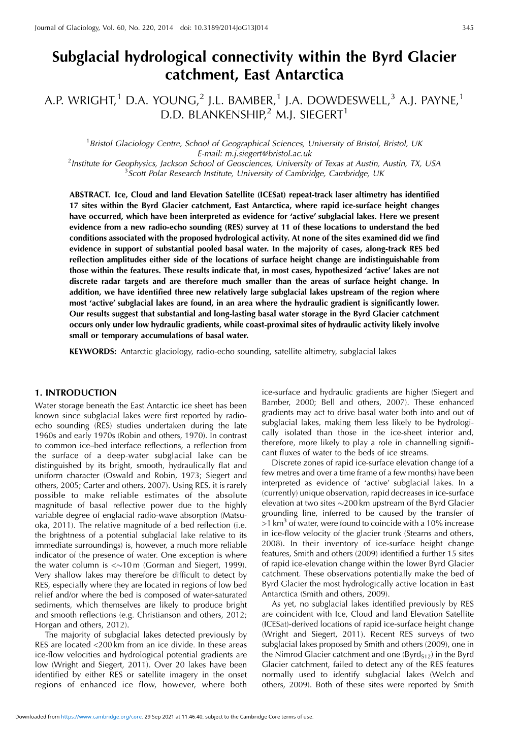 Subglacial Hydrological Connectivity Within the Byrd Glacier Catchment, East Antarctica